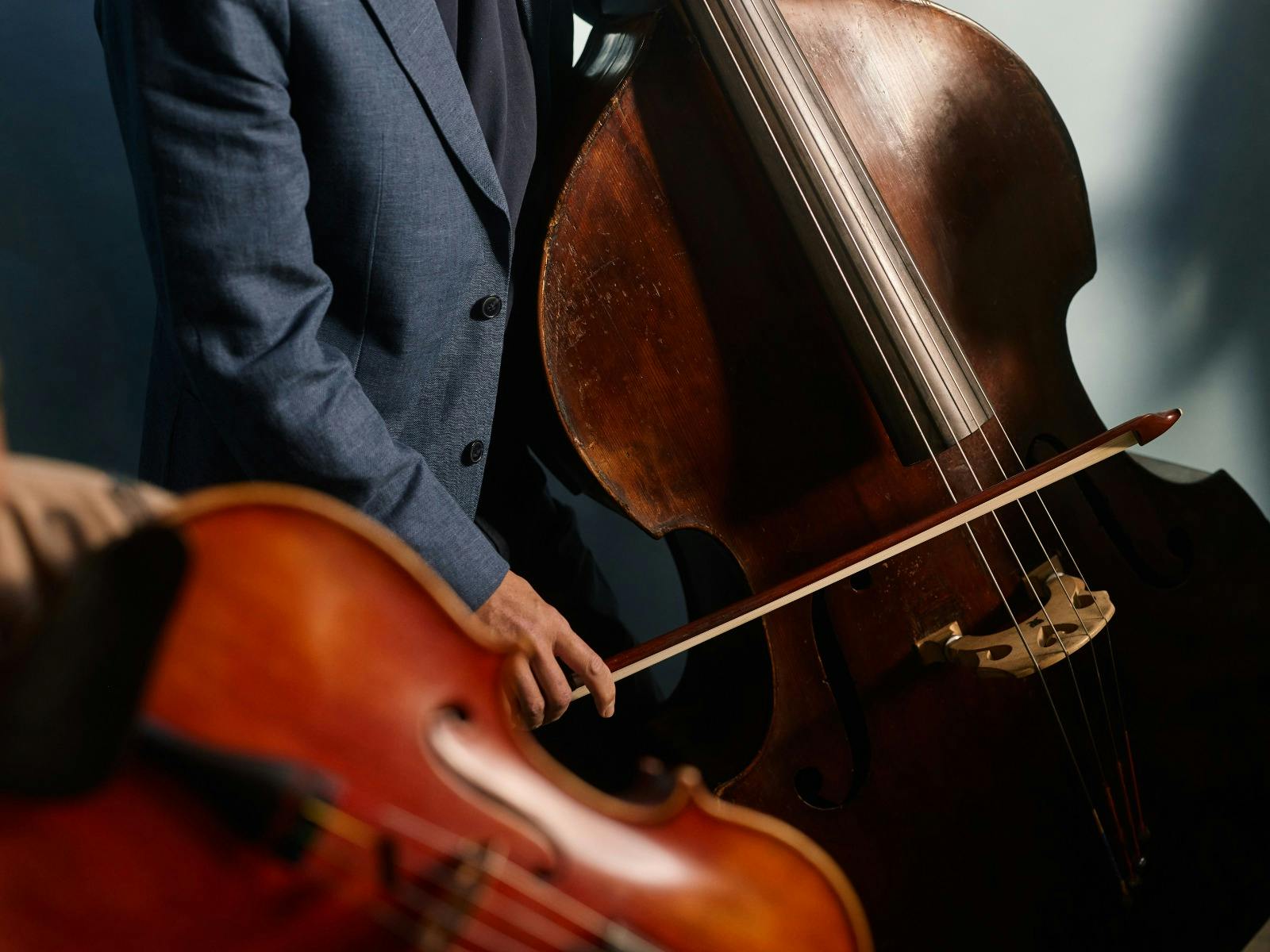 A close up photo of a double bass and cello