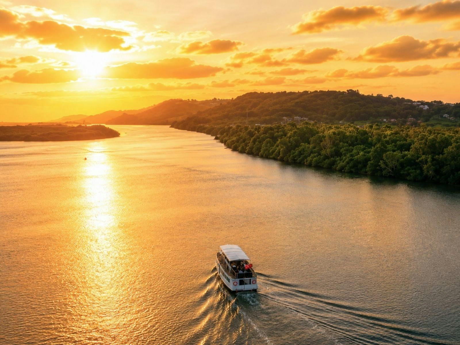 Golden Swan cruising Tweed River at sunset
