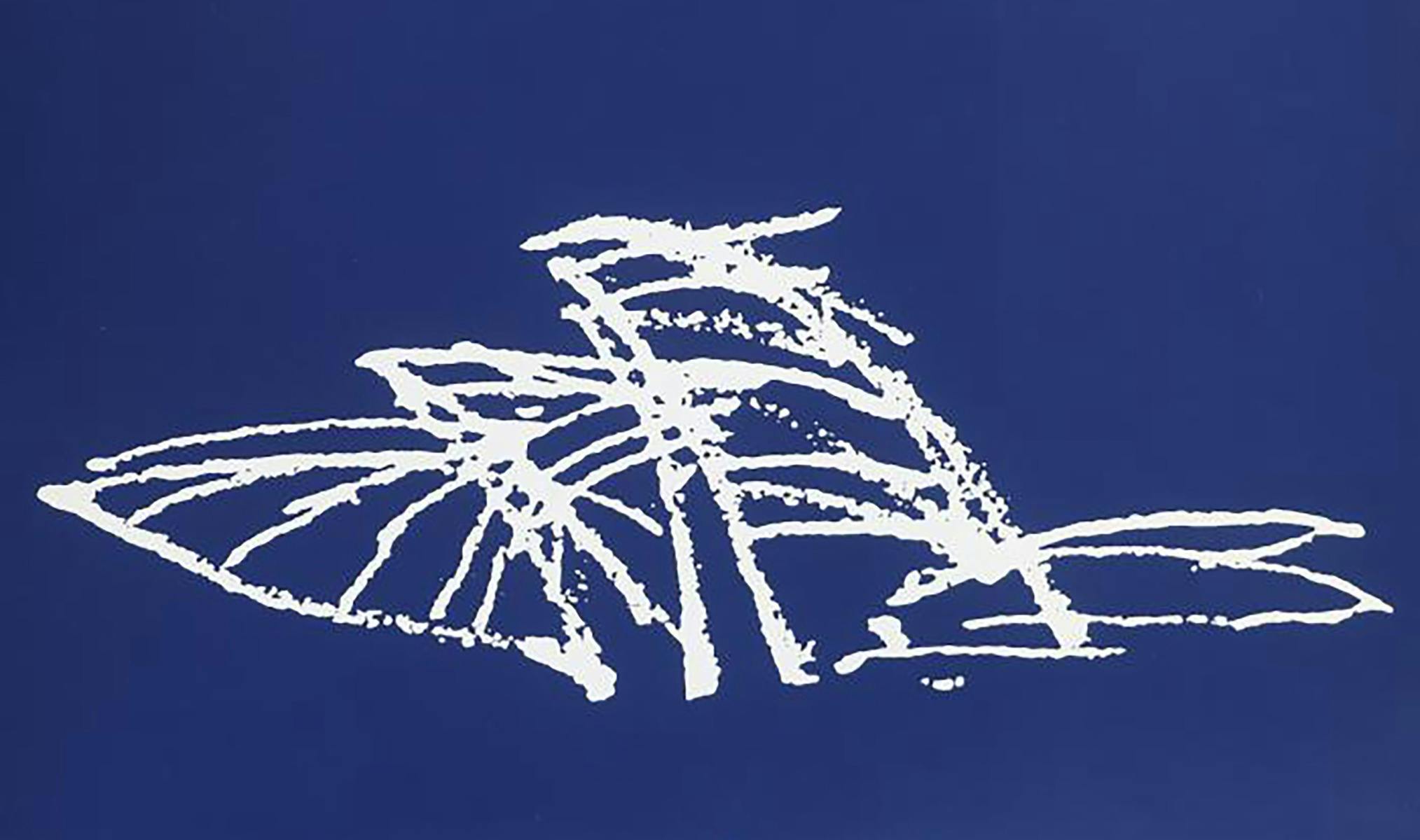 A rudimentary sketch of the Sydney Opera House in white on a navy blue background