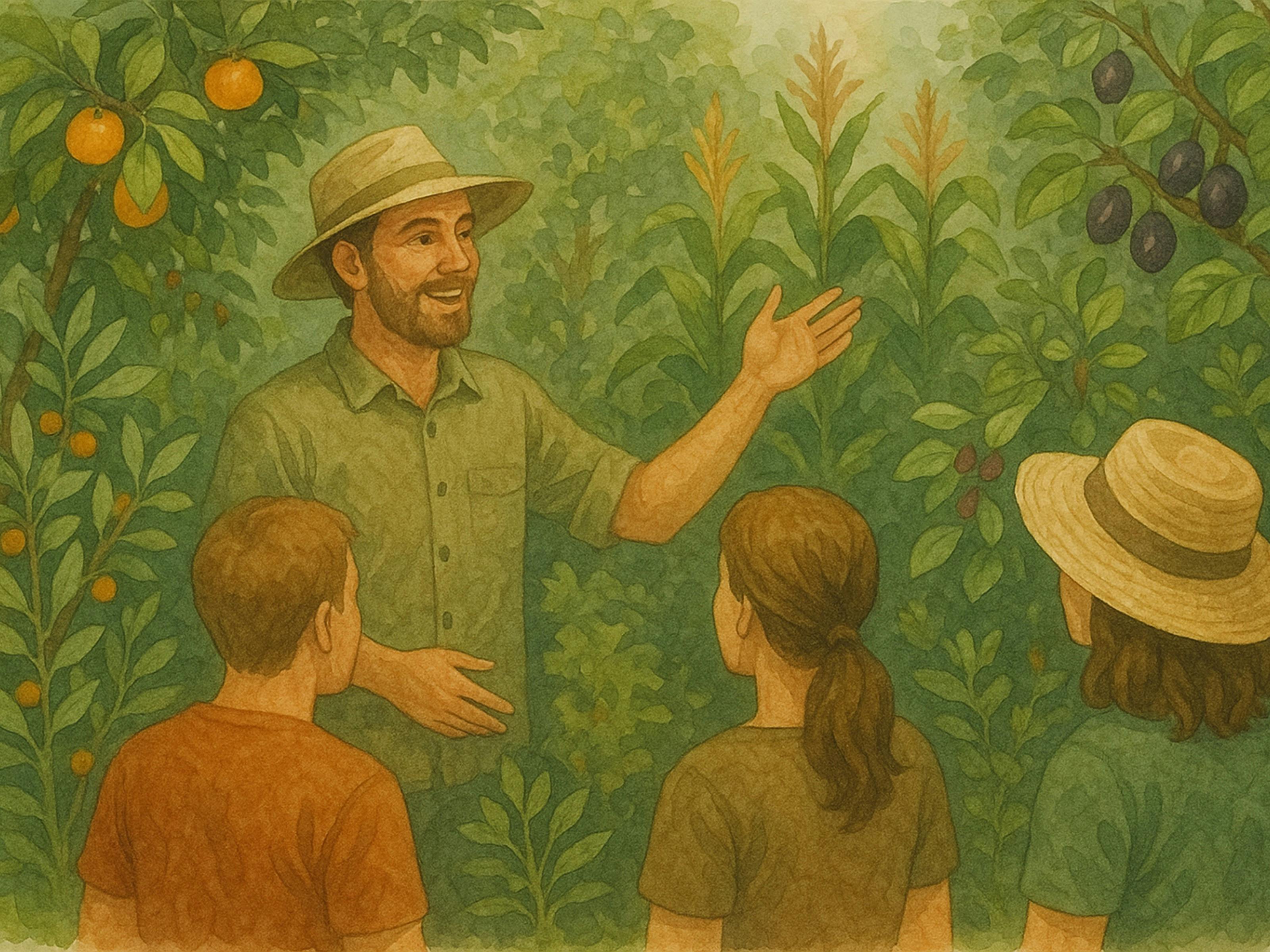 A man stands in an abundant garden of citrus and corn, talking to the participants