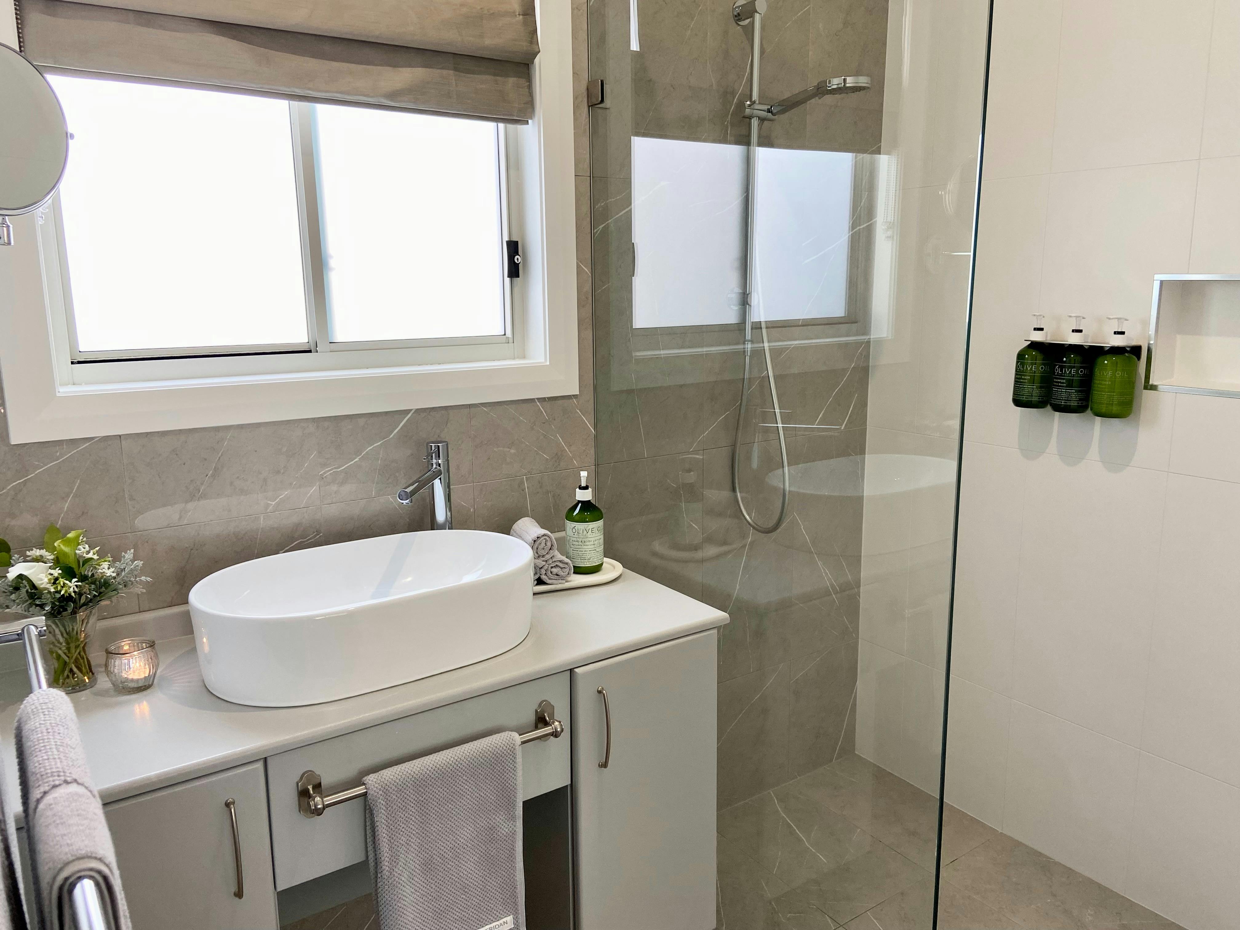 The ensuite - basic toiletries are provided, including  shampoo, conditioner,  body wash & lotion.