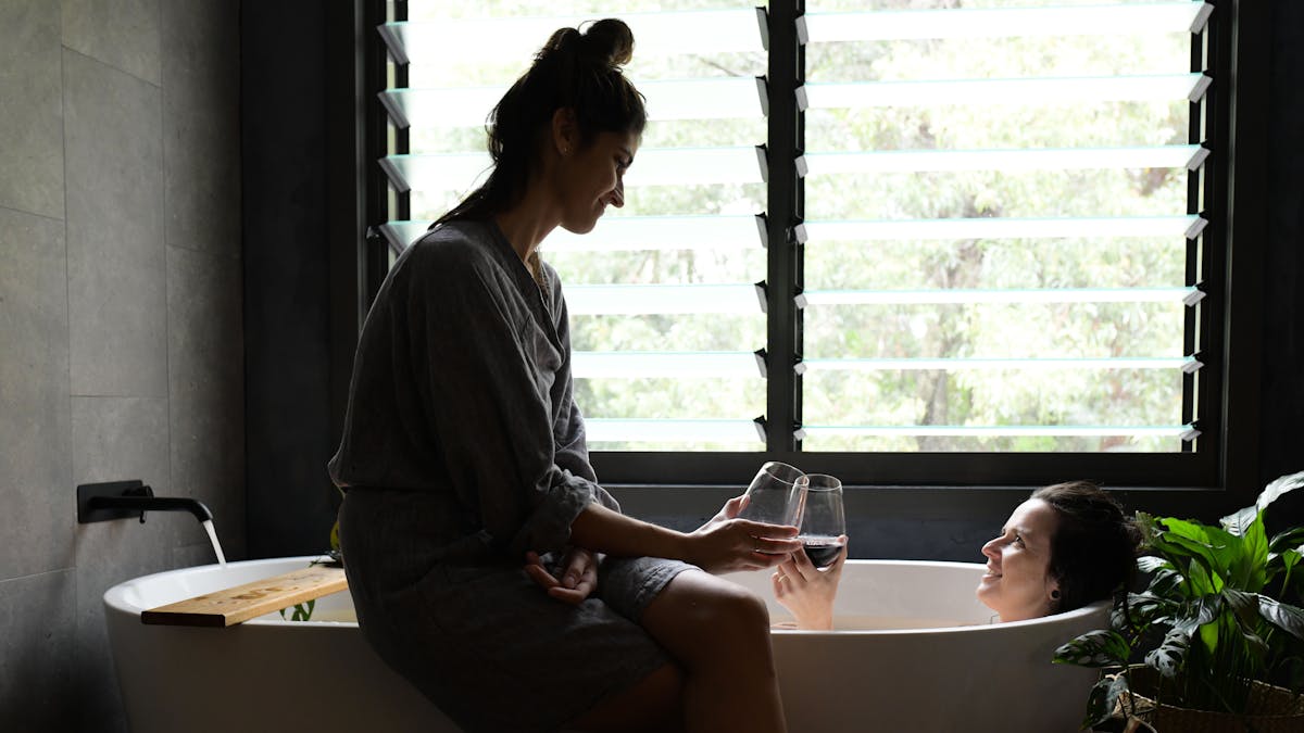 girls enjoying the bathhouse together, romantic couple