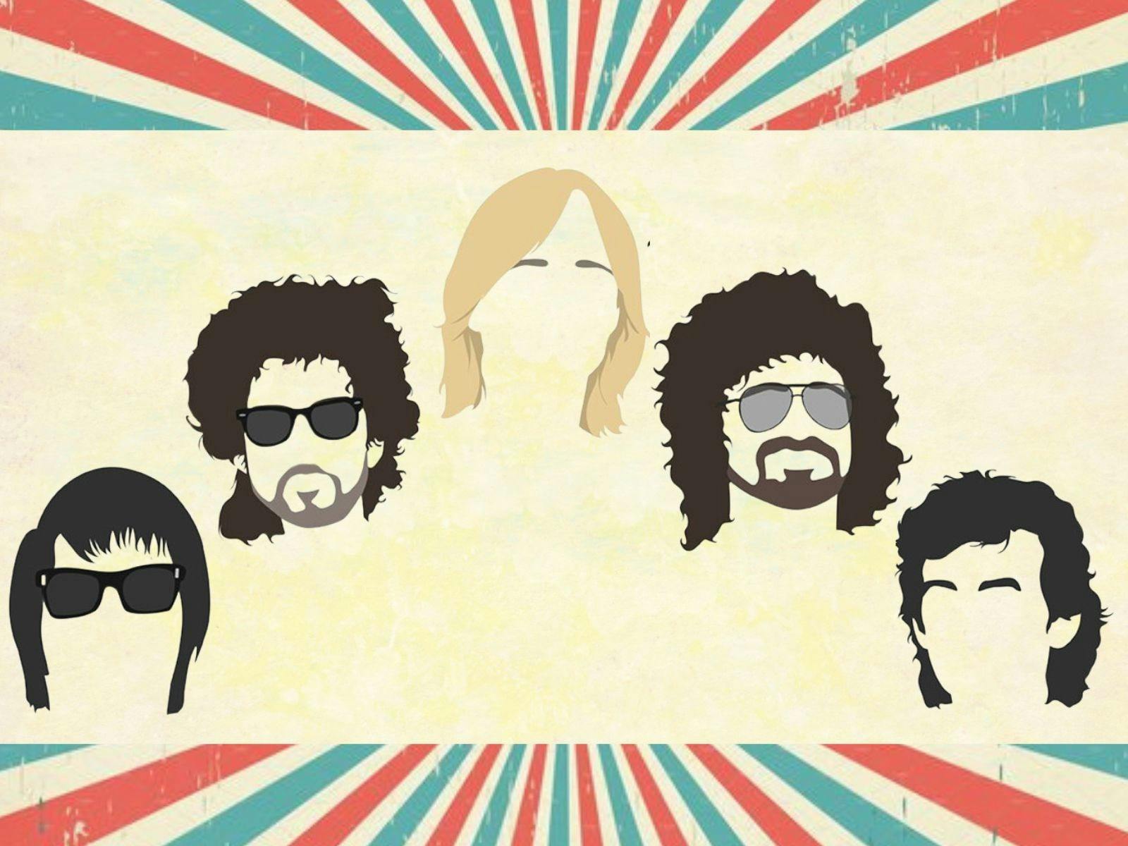 Drawings of four men and one woman on a cream coloured background, aqua and red stripes above, below