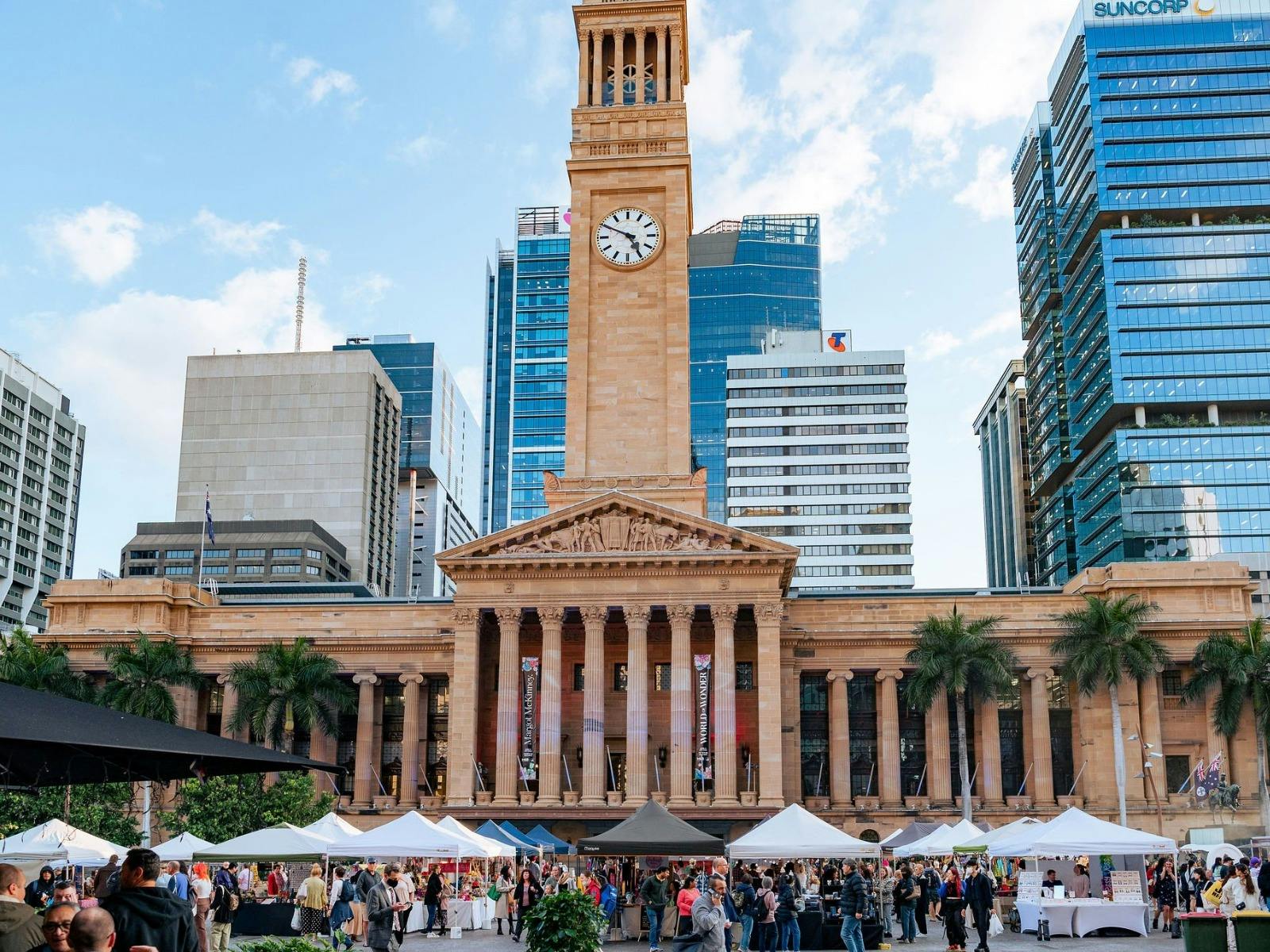 A Photo of Brisbane City Hall with the BrisStyle Twilight Market set up in front of it