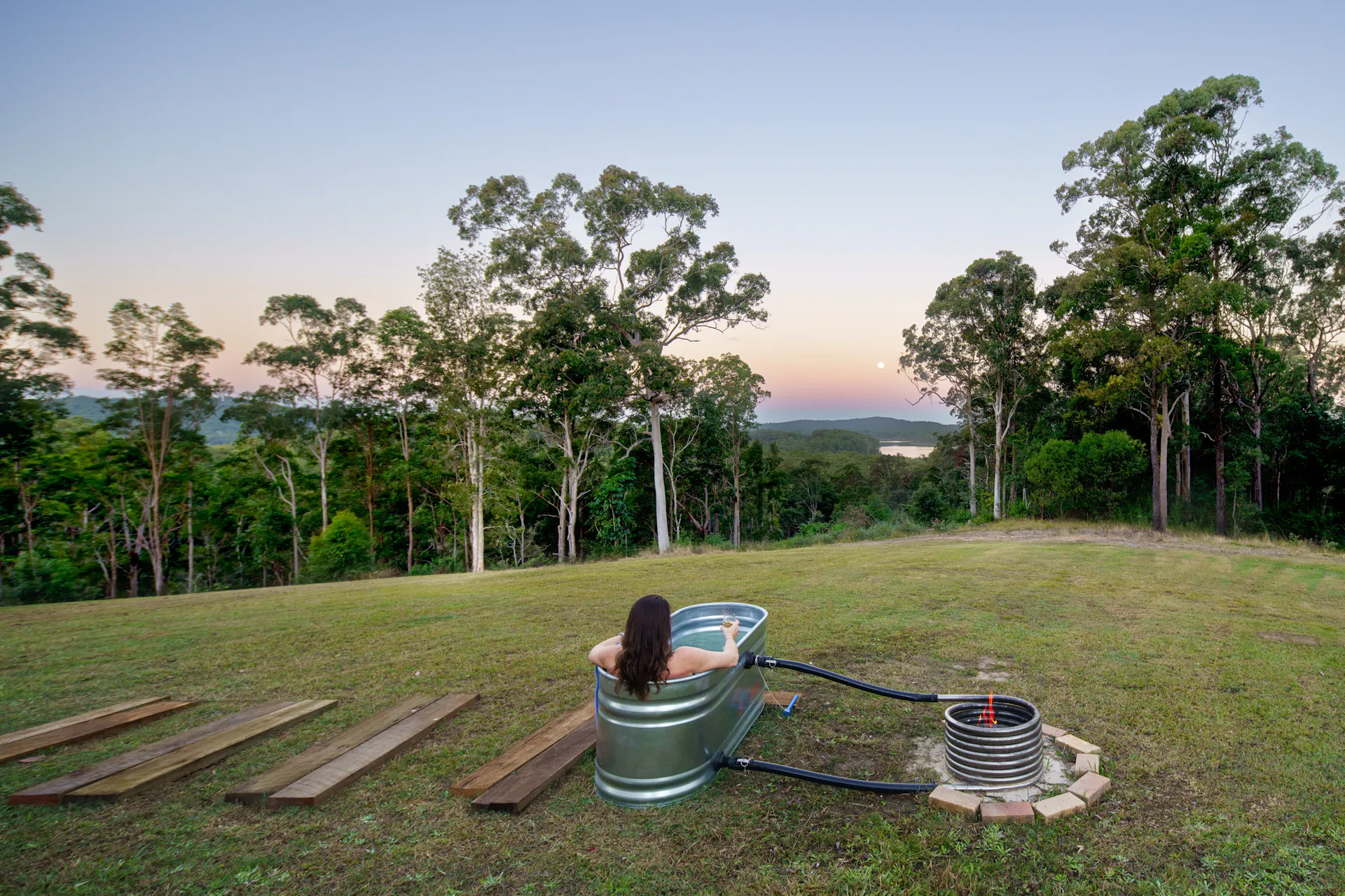 Relax in the outdoor wood fired bath.