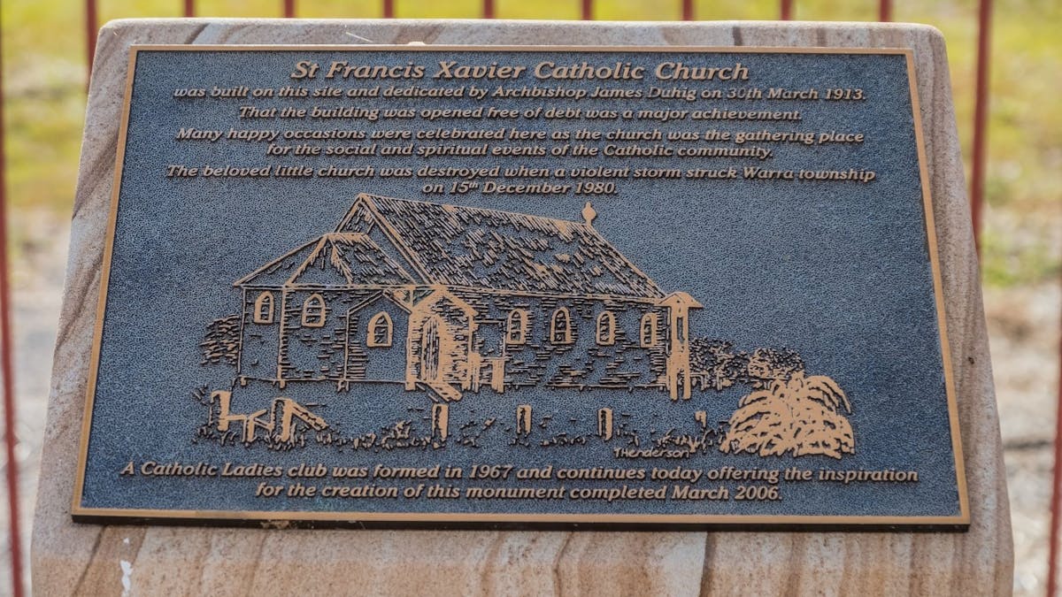 Plaque dedicated by Archbishop James Duhig on 30.03.1913. Catholic Church was a gathering place. Plaque dedicated by Archbishop James Duhig on 30.03.1913. Catholic Church was a gathering place.