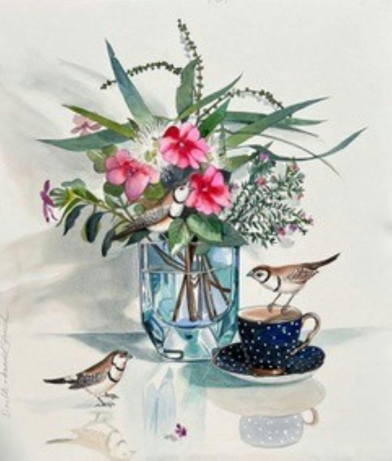 Double Barred Finches on a teacup next to a vase of pink flowers