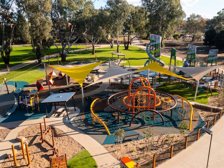 Drone shot of the Riverside: Wagga Beach 'destination' playground