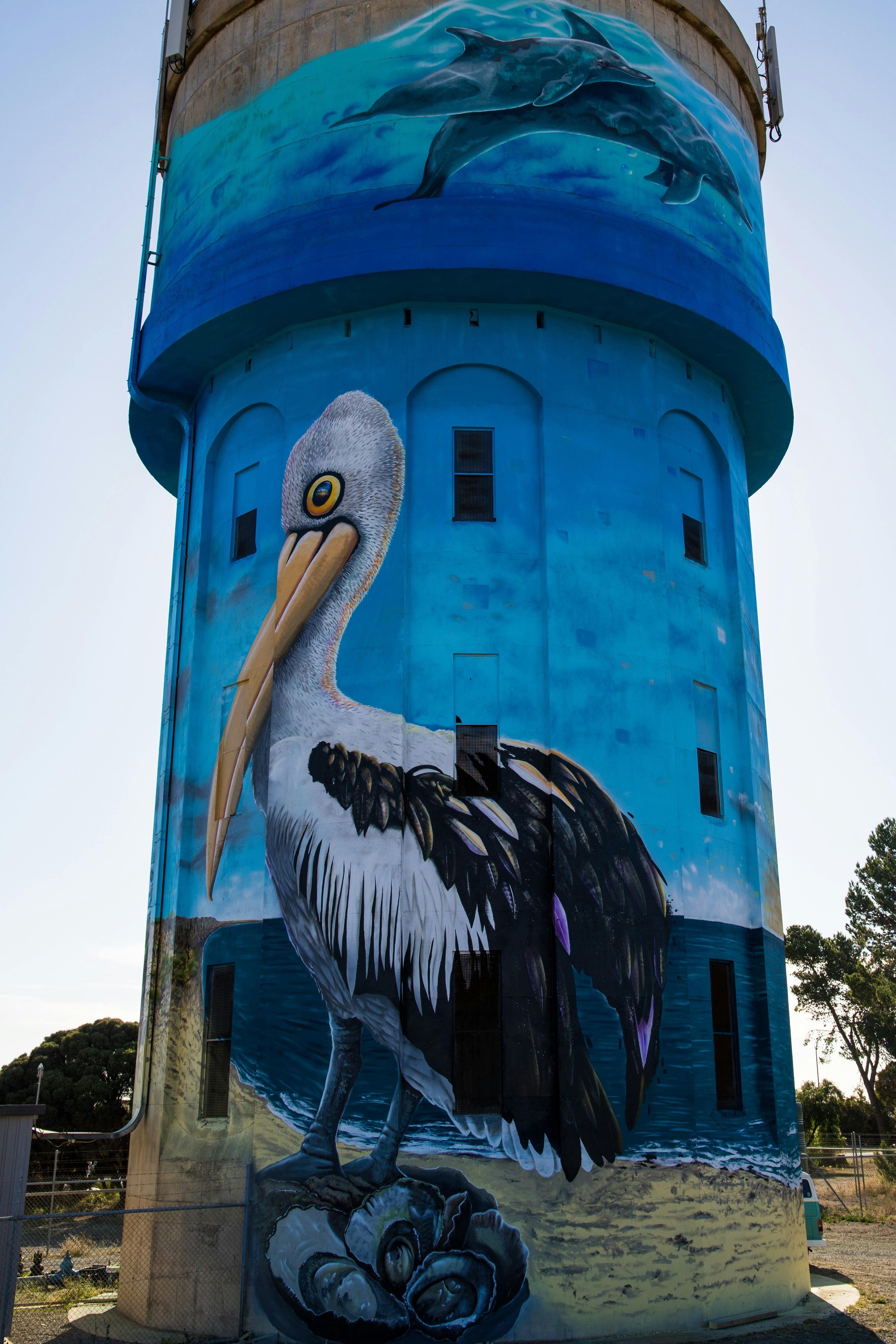 Stansbury Water Tower. A pelican stands watch.