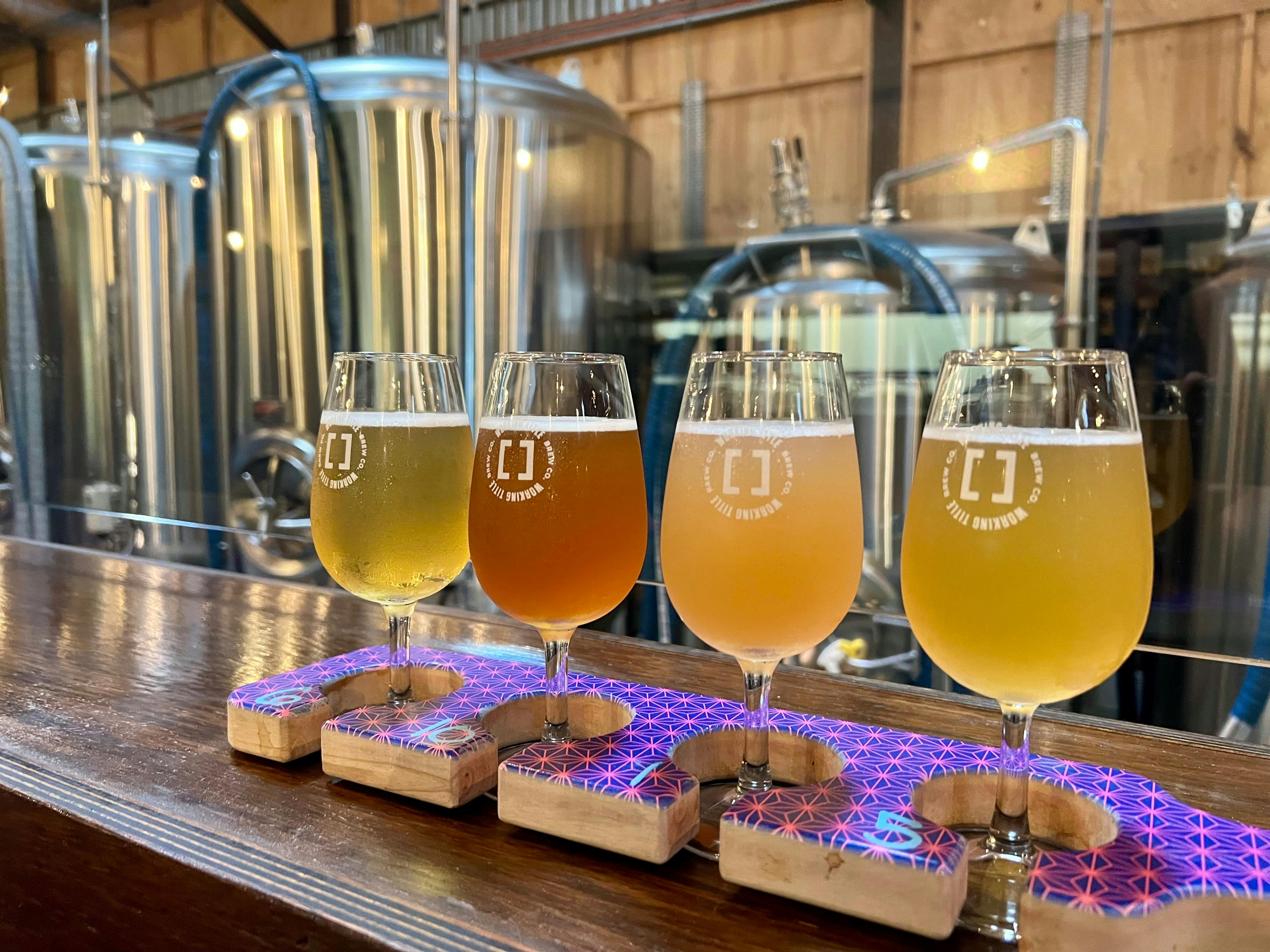 Four beers on a tasting paddle in front of steel beer vats at Working Title Brew Company
