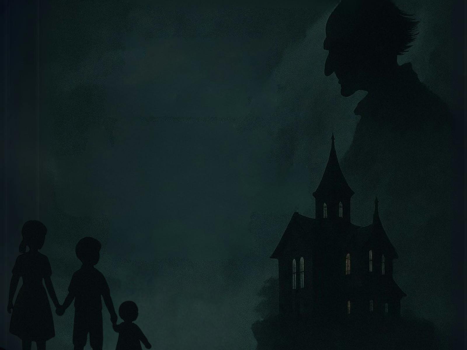 A shadow of a man looming over three siblings