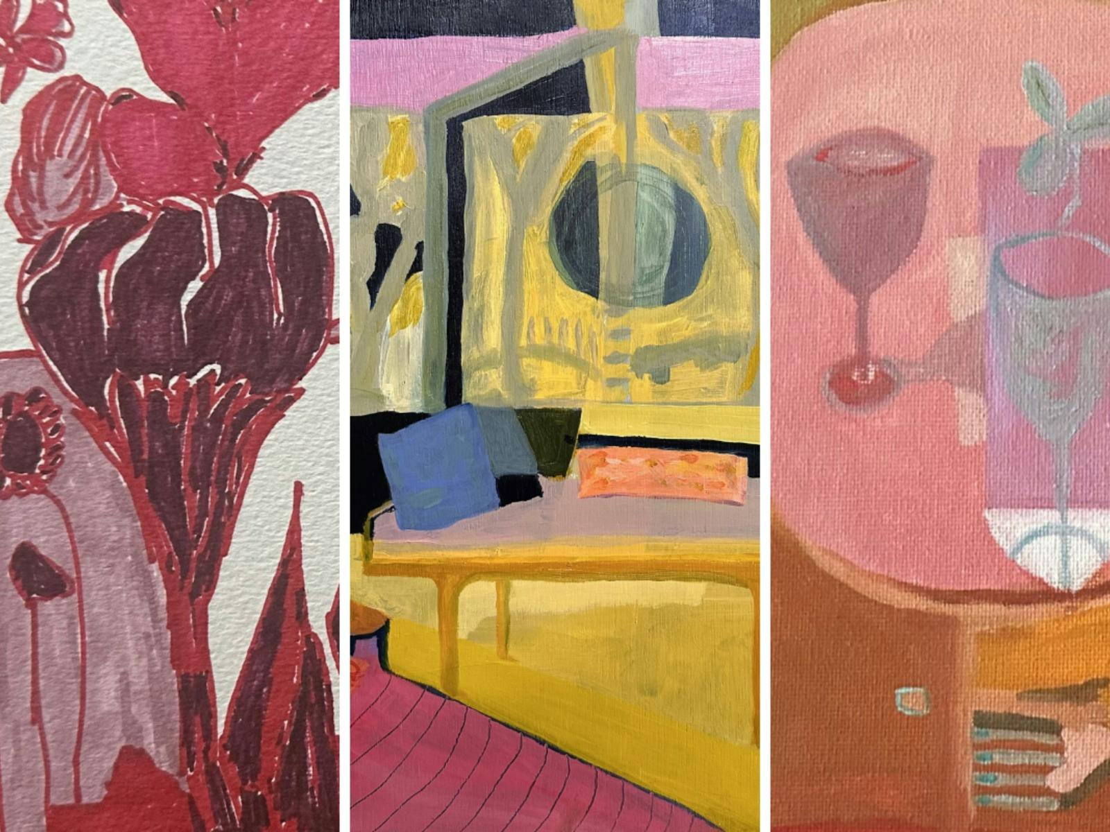 3 Images of Pat French's paintings including flowers, a lounge and wine glasses in bright pastels