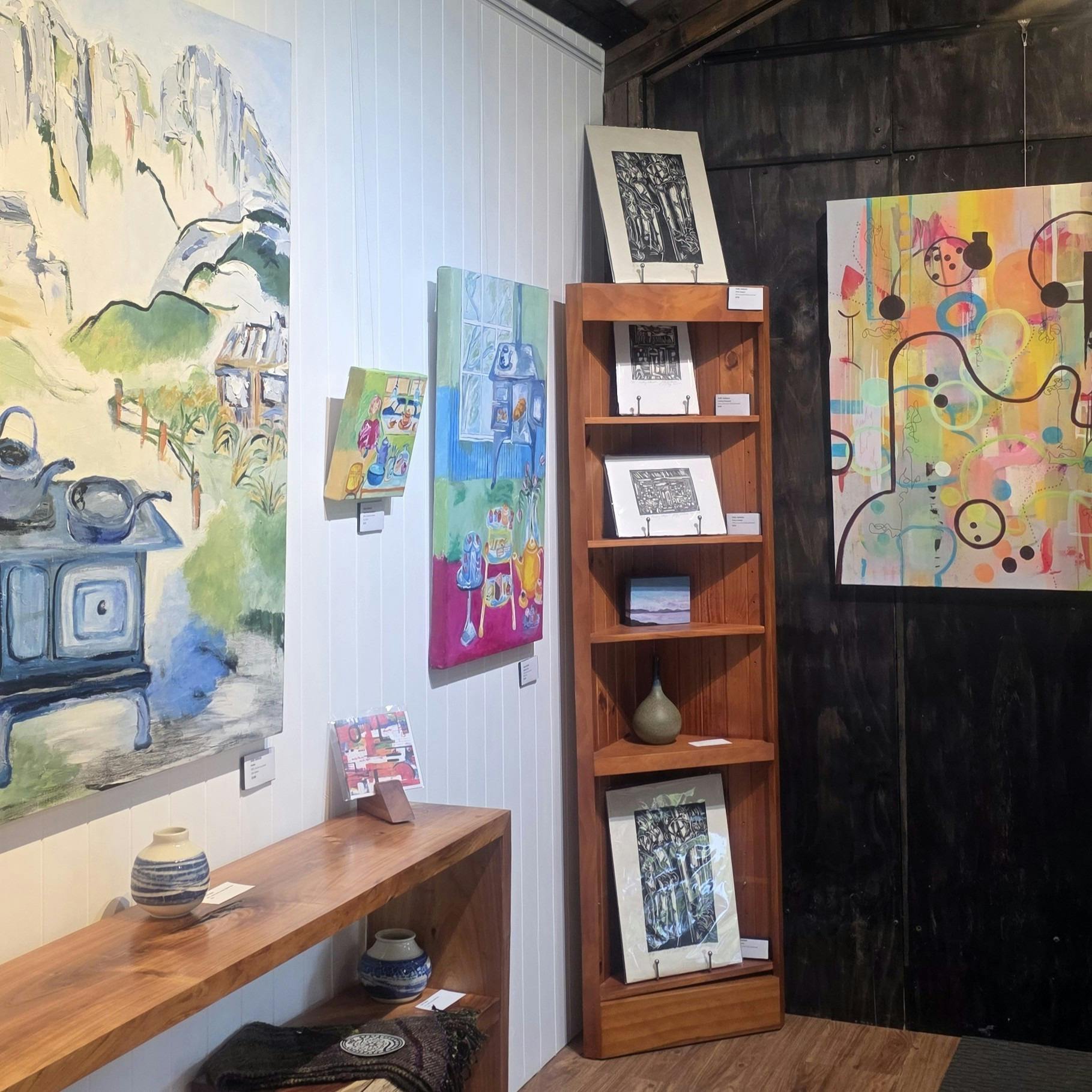 linocut prints ceramics, bright colourful contemporary paintings