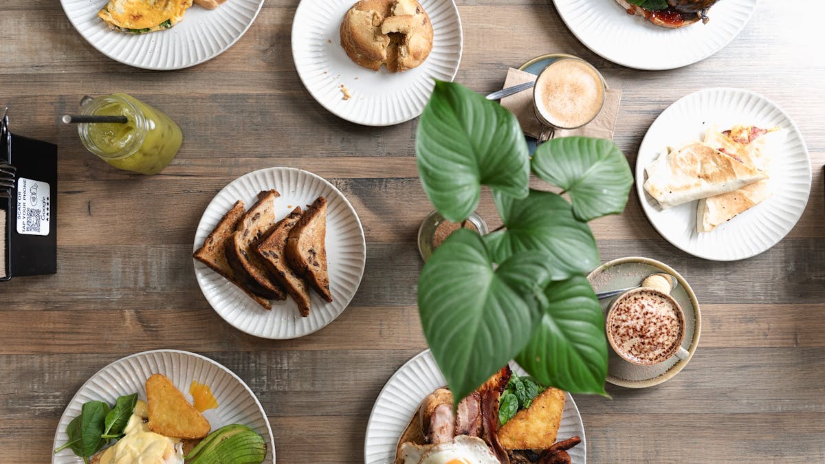 Table set with meals and drinks