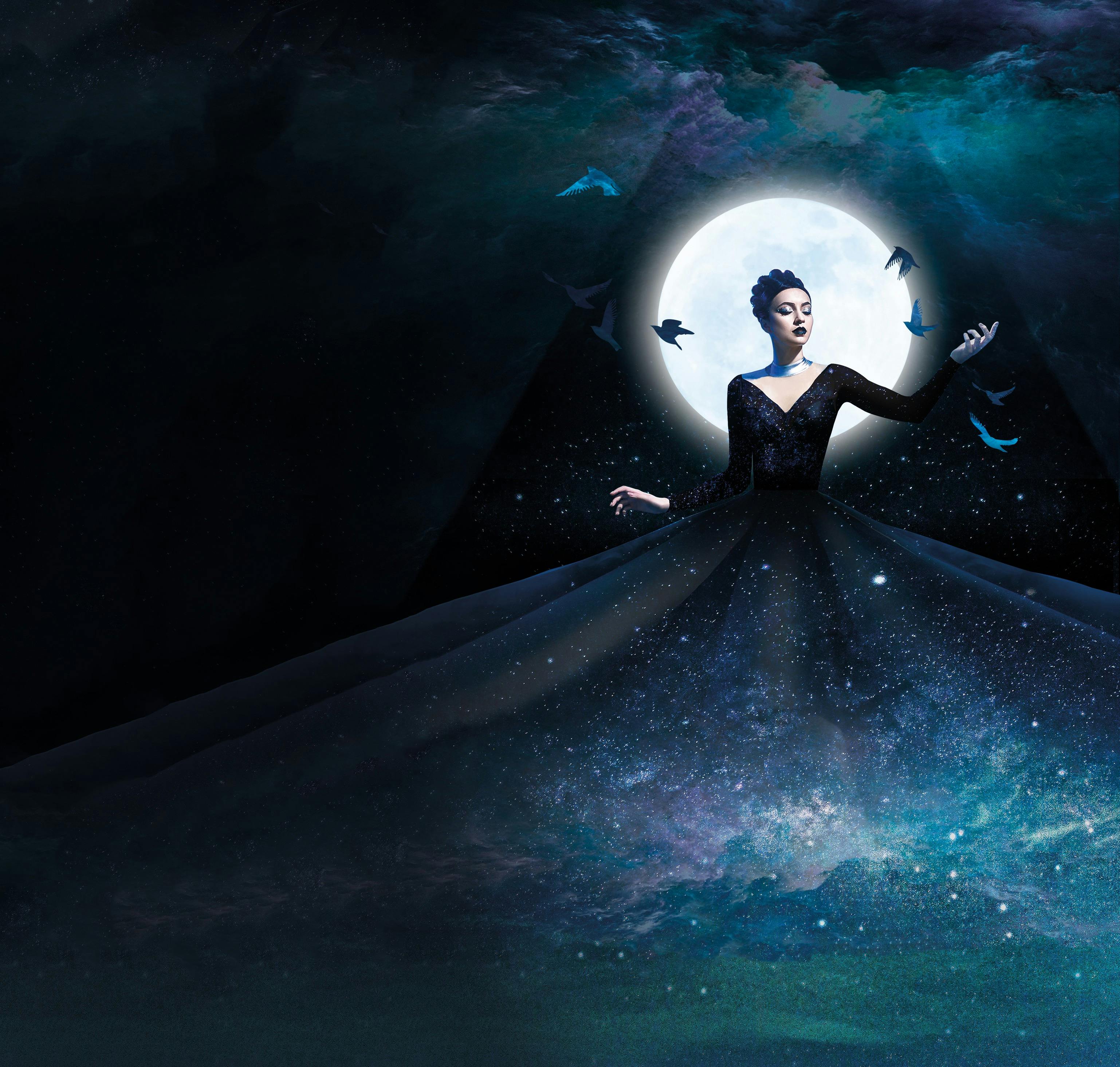 Figure in black gown stands before a full moon amid stars, clouds, and flying birds.