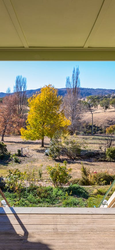view from a verrandah overlooking a garden in autumn