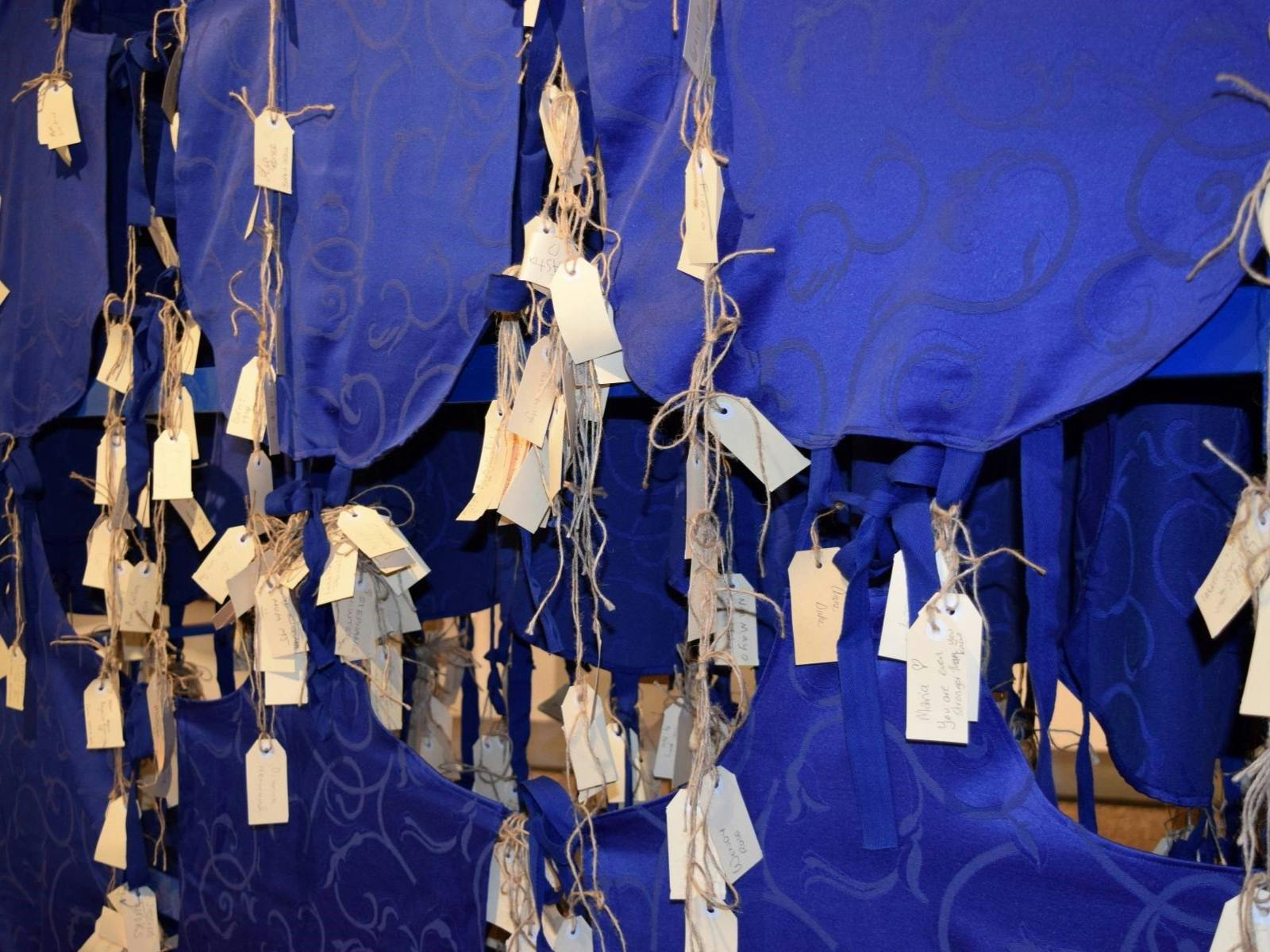 photo of detail of exhibition installation of Ragged & Tagged & Flagged by Flossie Peitsch