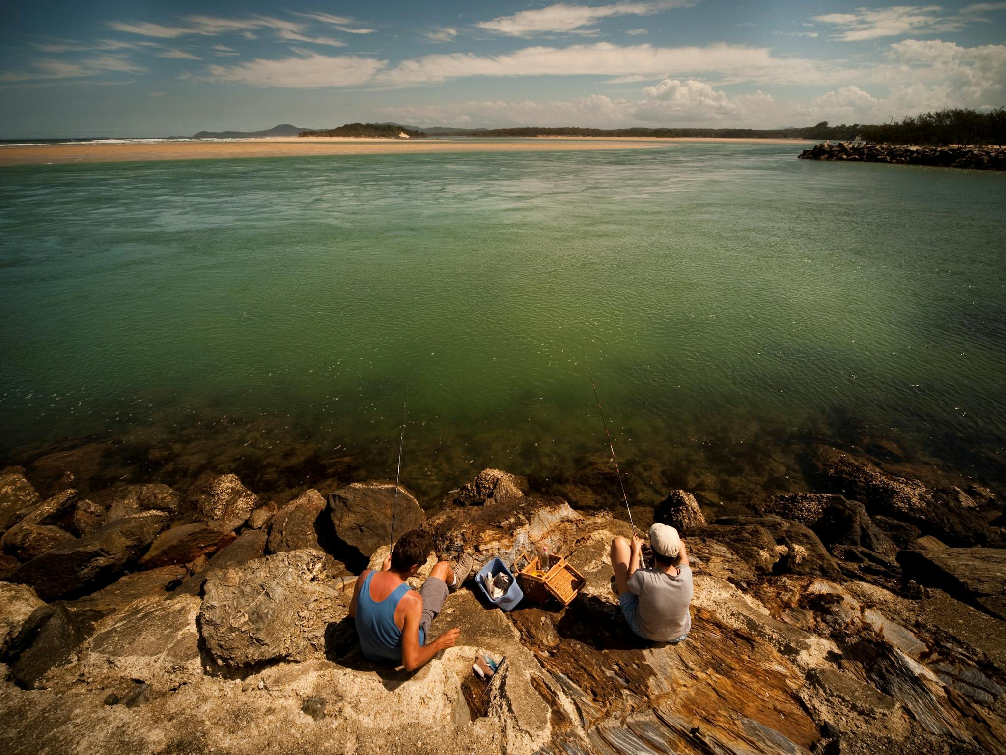 Enjoy the artwork or go fishing - 2 boys fishing Nambucca River at the V-Wall