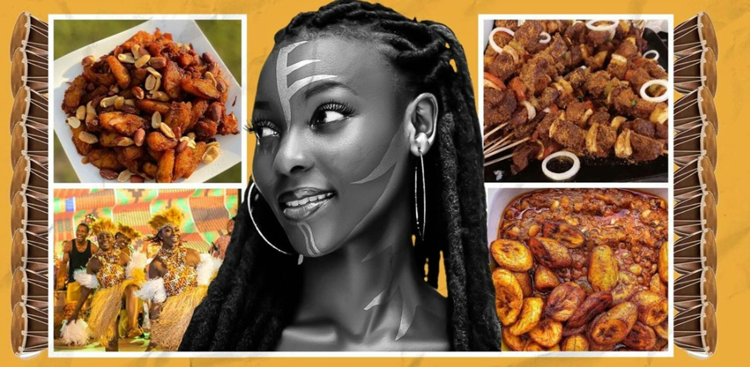 Image of a smiling person against a yellow background and four small images of different food plates