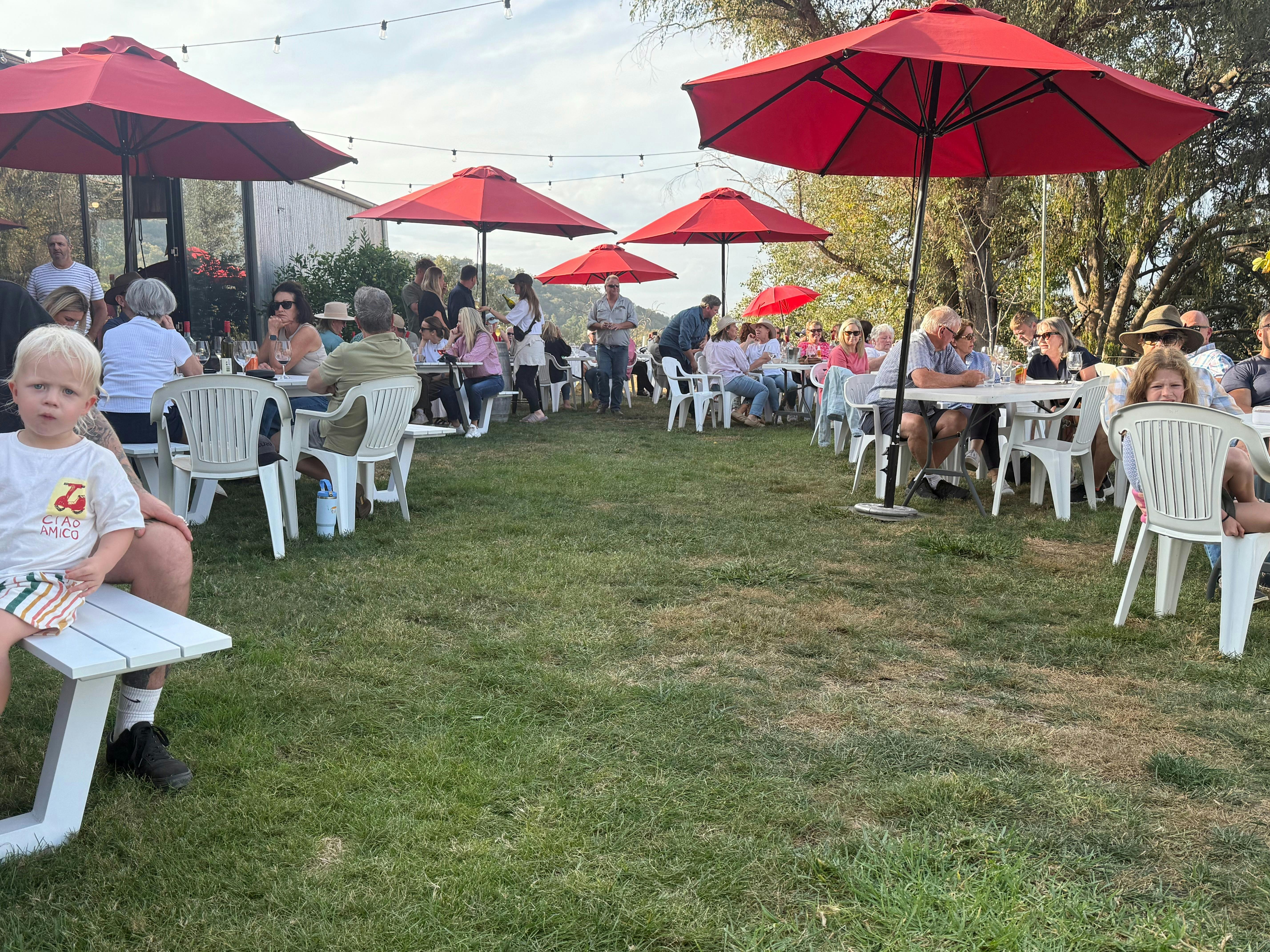 people sit under umberellas