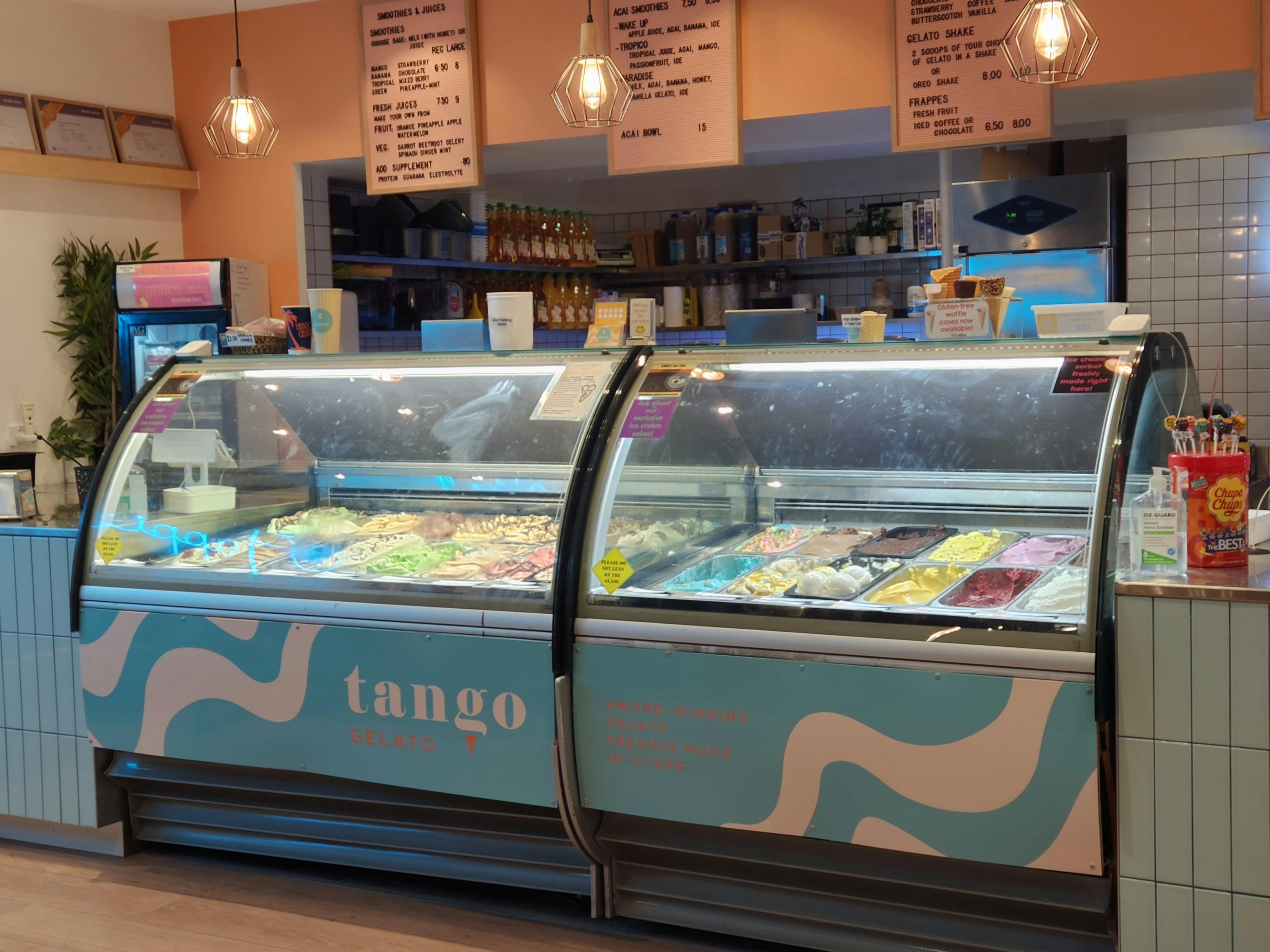 Gelato display freezers containing 26 flavours of gelato and sorbet
