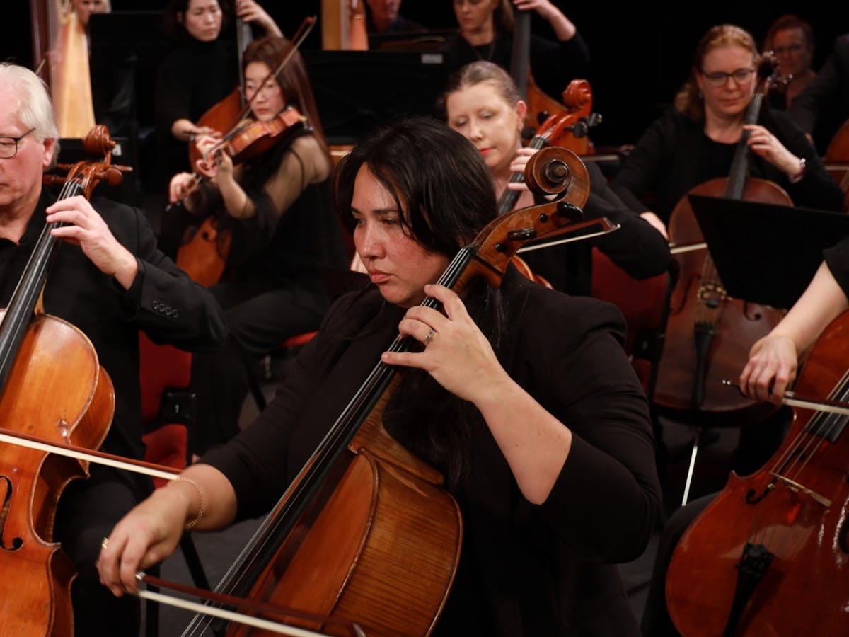 Group of cellists performing