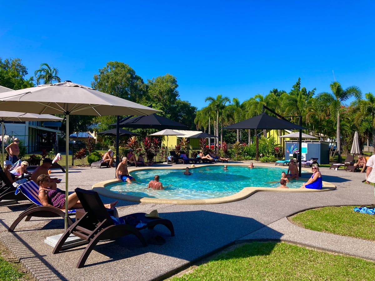 Adults only enjoying the new resort style swimming pool at Bali Hai Child Free Holiday Park