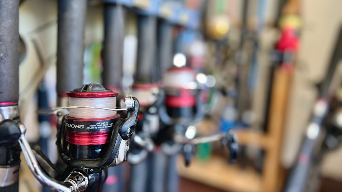 A close up of the fishing rods that are available for rent on Cairns Boat Hire on the Trinity Inlet