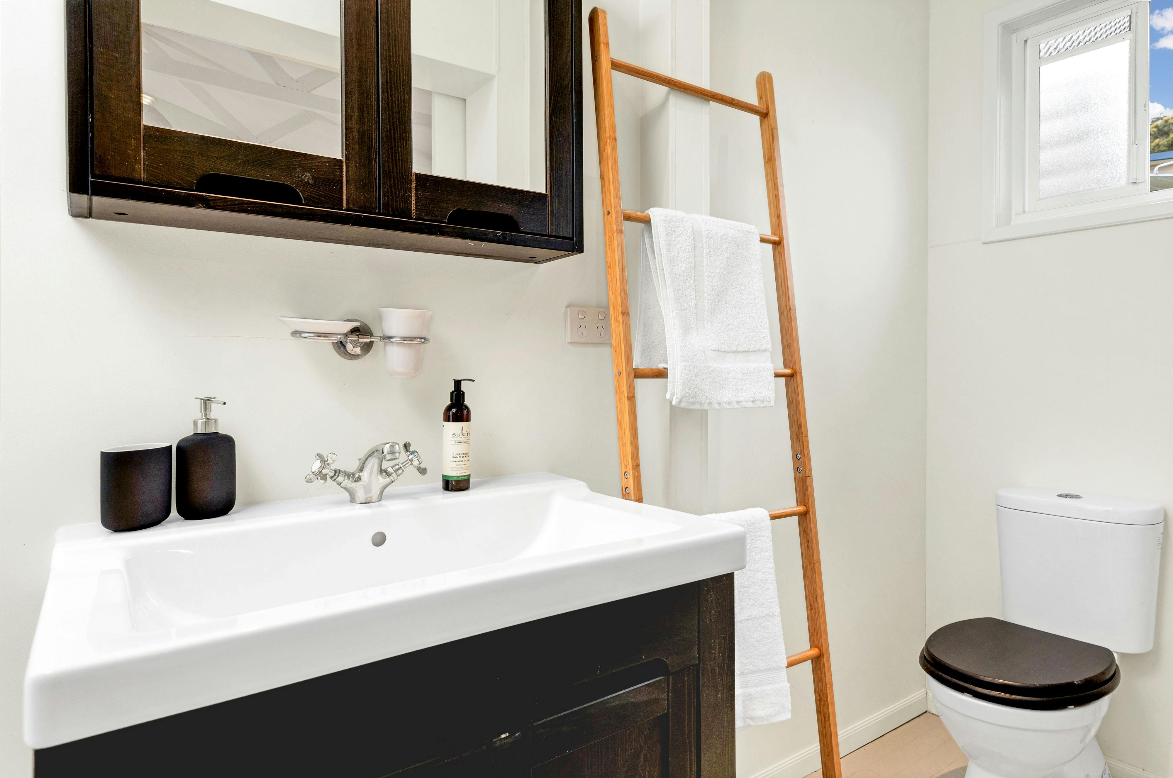 Bathroom with black and white features, shower, vanity and mirror