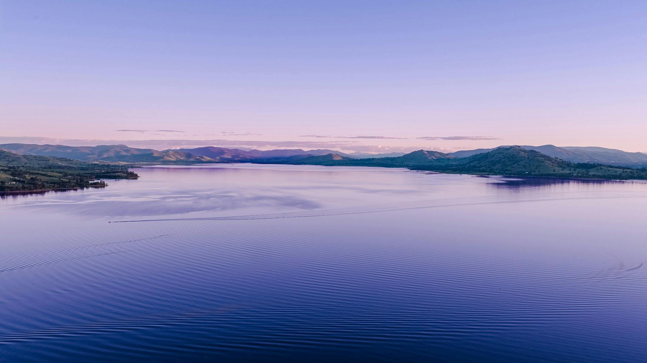 Drone shot over Lake Hume at sunset