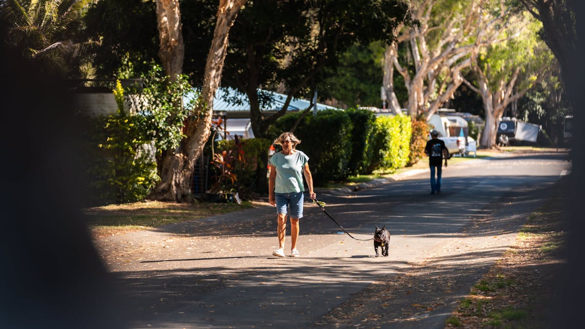 Image of lady walking through park with small dog on leash at Mudjimba Beach Holiday Park