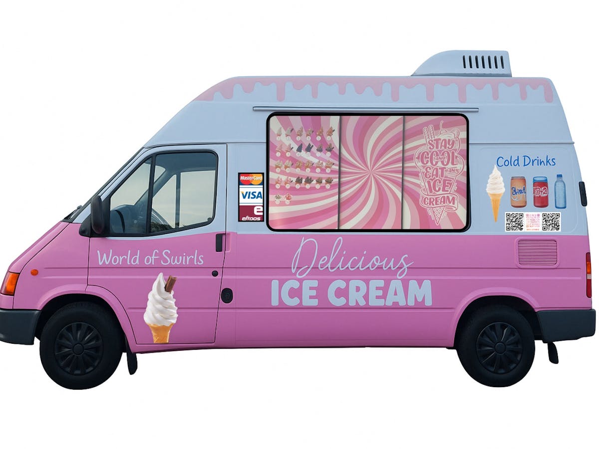 Our pink and white soft serve ice cream van parked with playful signage.