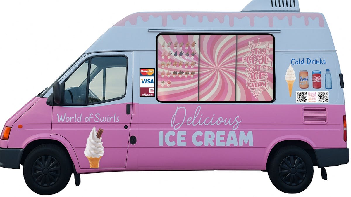 Our pink and white soft serve ice cream van parked with playful signage.
