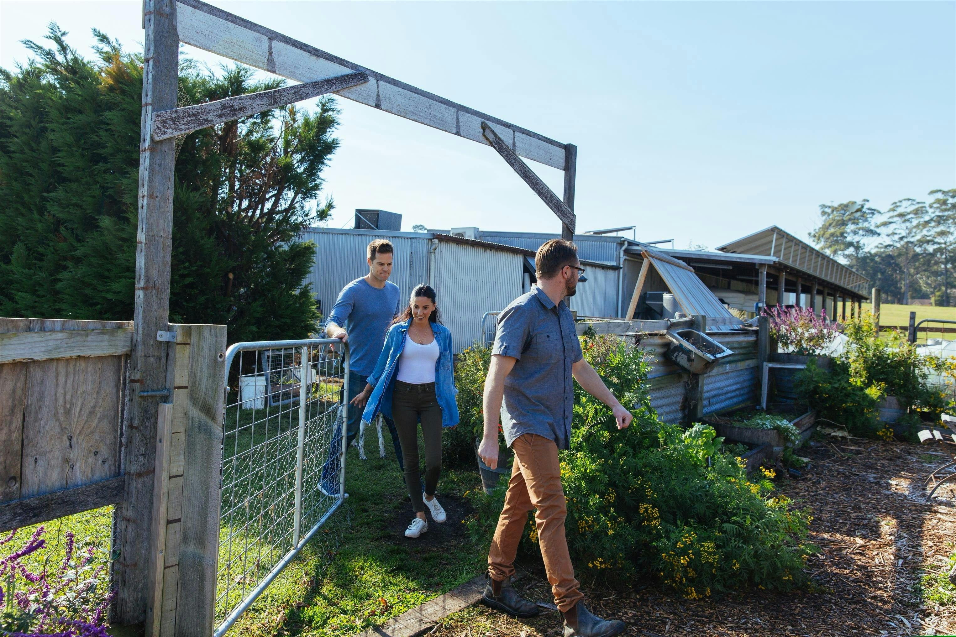 Two men and a woman walking through the gate to Cupitt's garden, Ulladulla