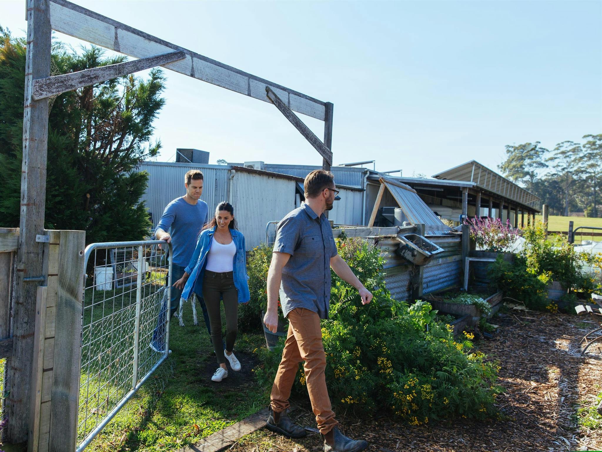 Two men and a woman walking through the gate to Cupitt's garden, Ulladulla