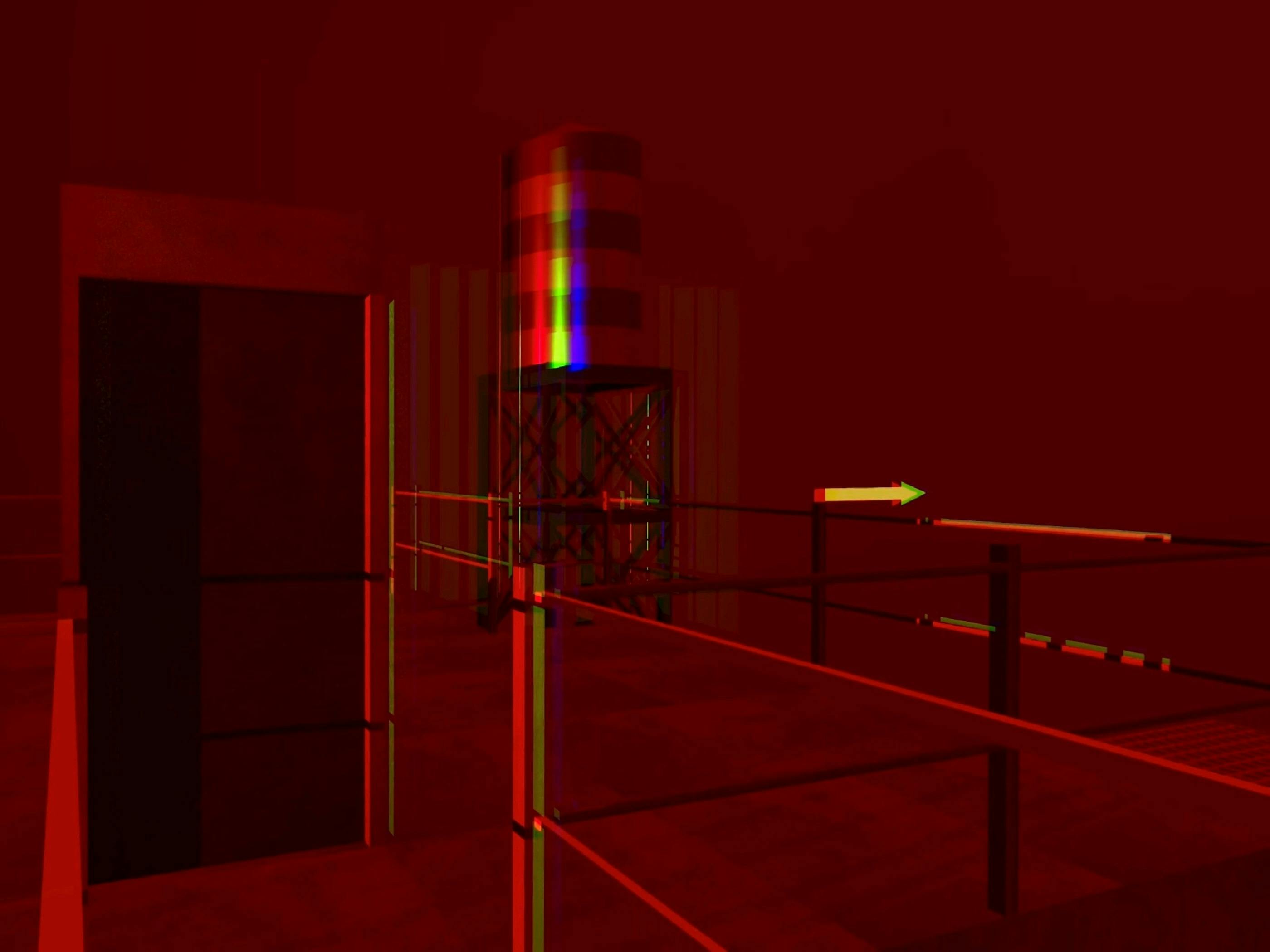 A room with red lighting, railing and bright lights.
