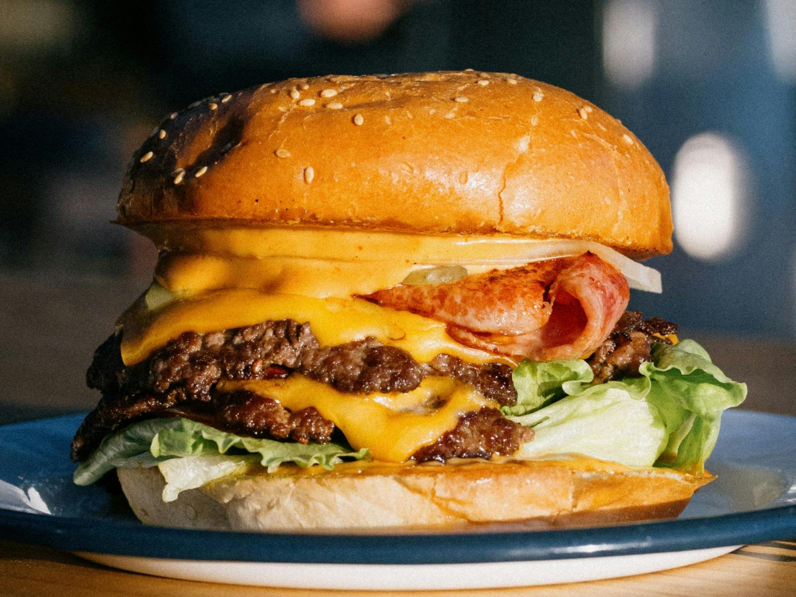 Double beef burger with bacon and cheese at Easy Tiger in St Helens.