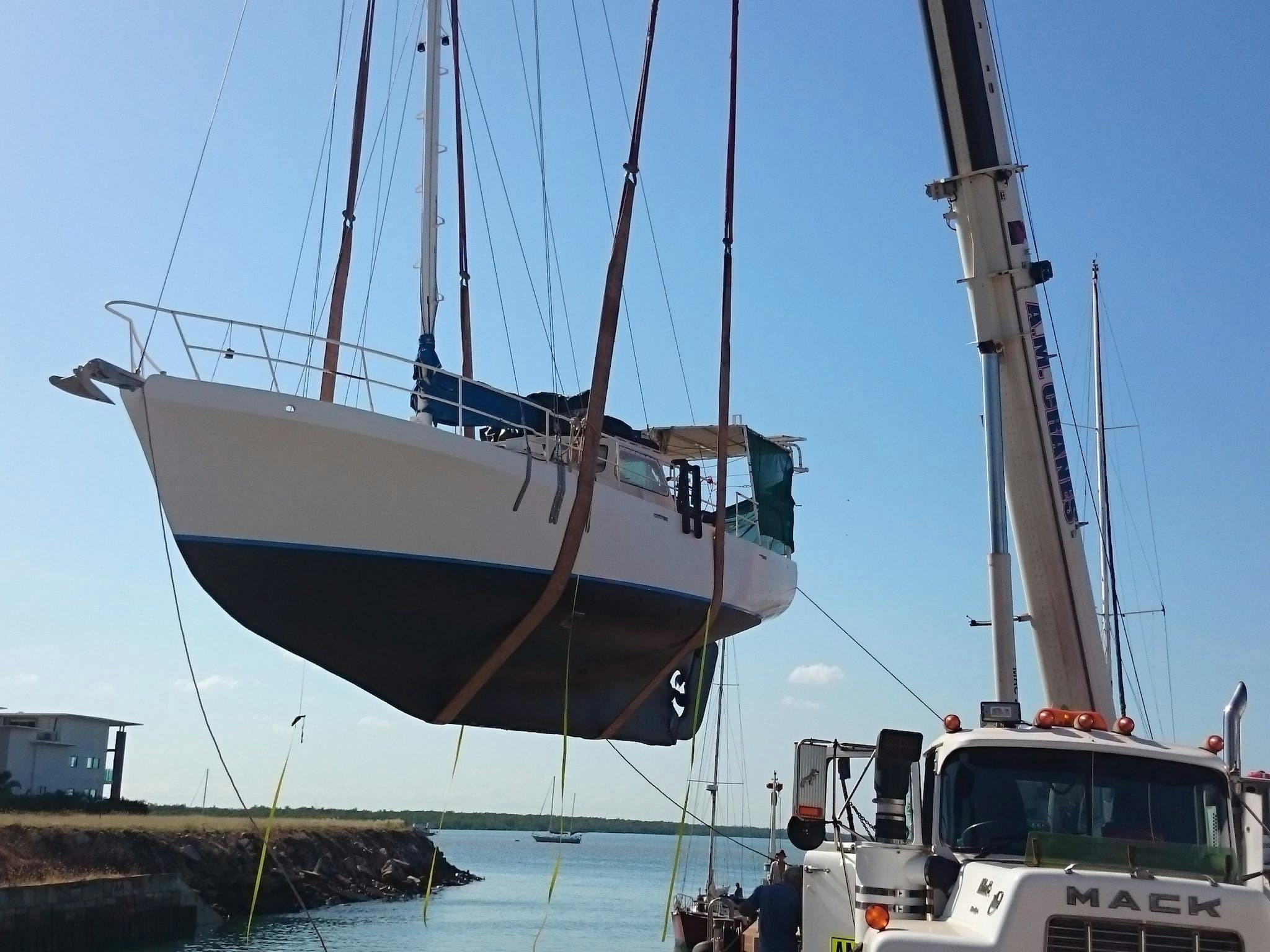Yacht transfer from hard stand to water.