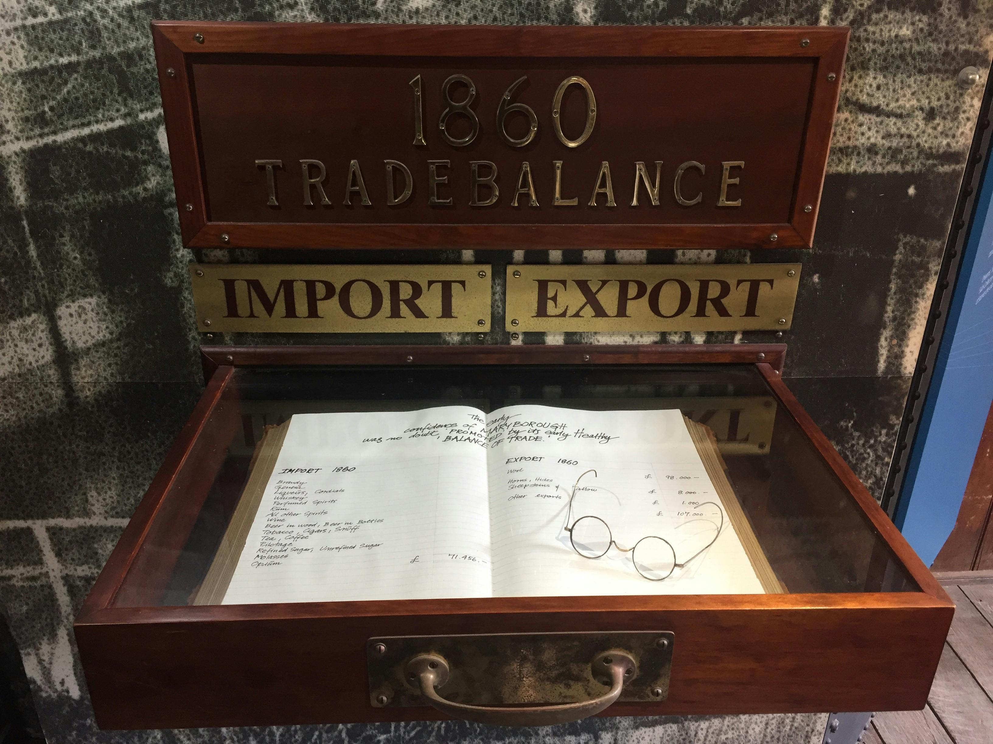 Photo of display showing book with record of imports and exports through Maryborough Port in 1860