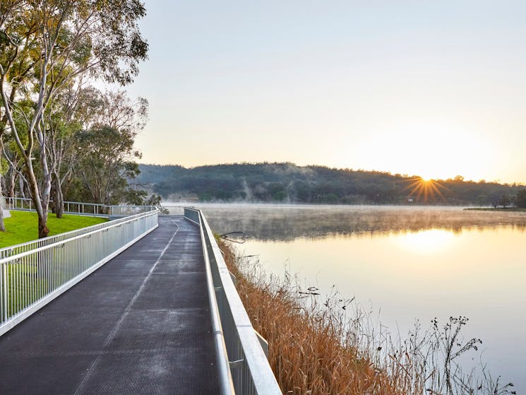 Boardwalk on left and Lake Inverell on right