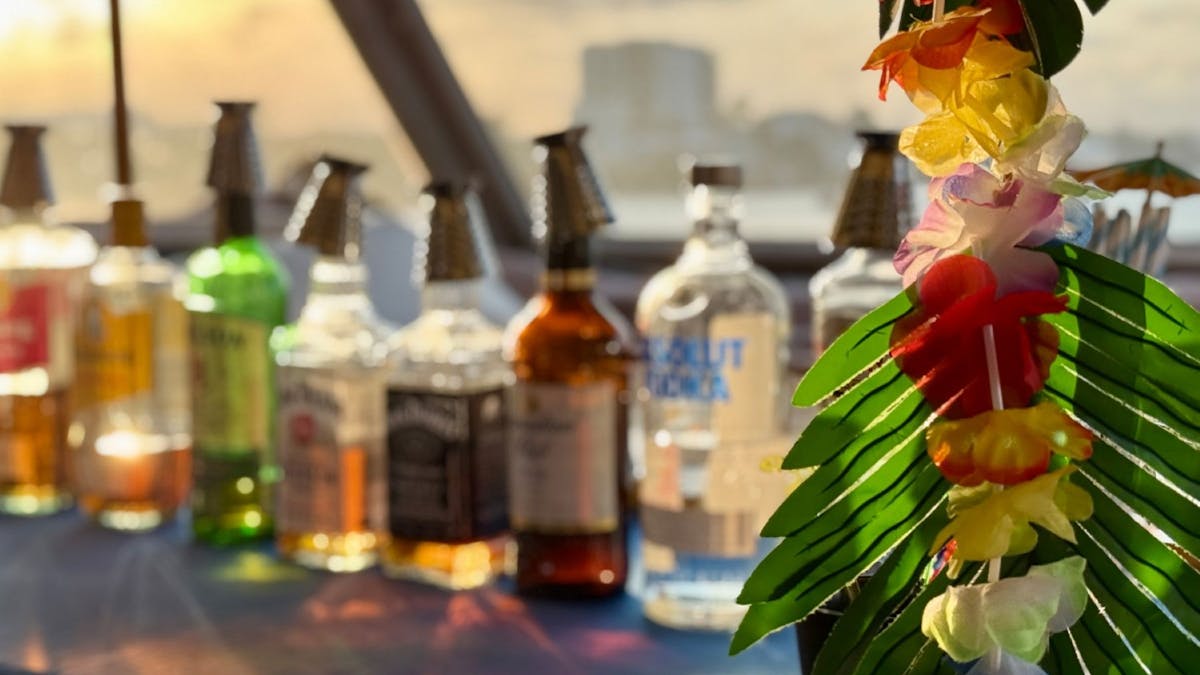 tiki bar with sunset backdrop