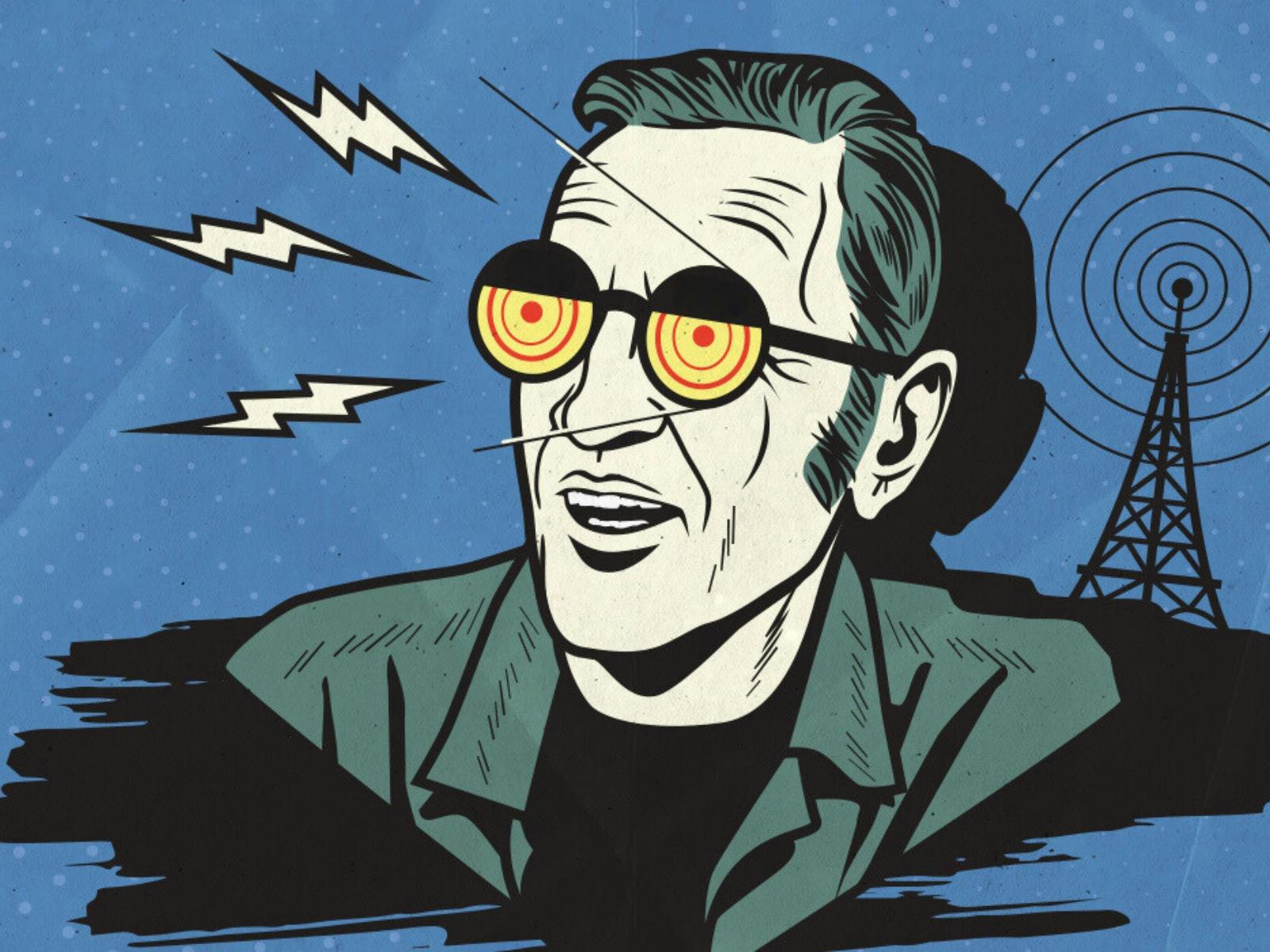 A retro-styled illustration shows a person with sunglasses emitting radio waves.