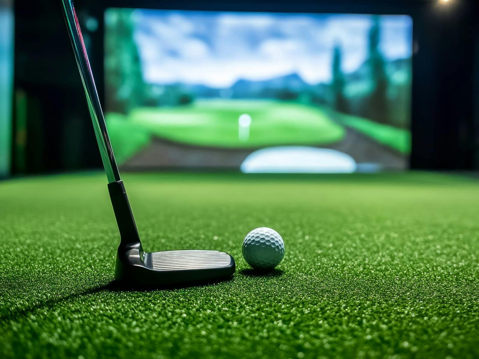 Close-up of golf ball and putter on turf with simulator screen in background.