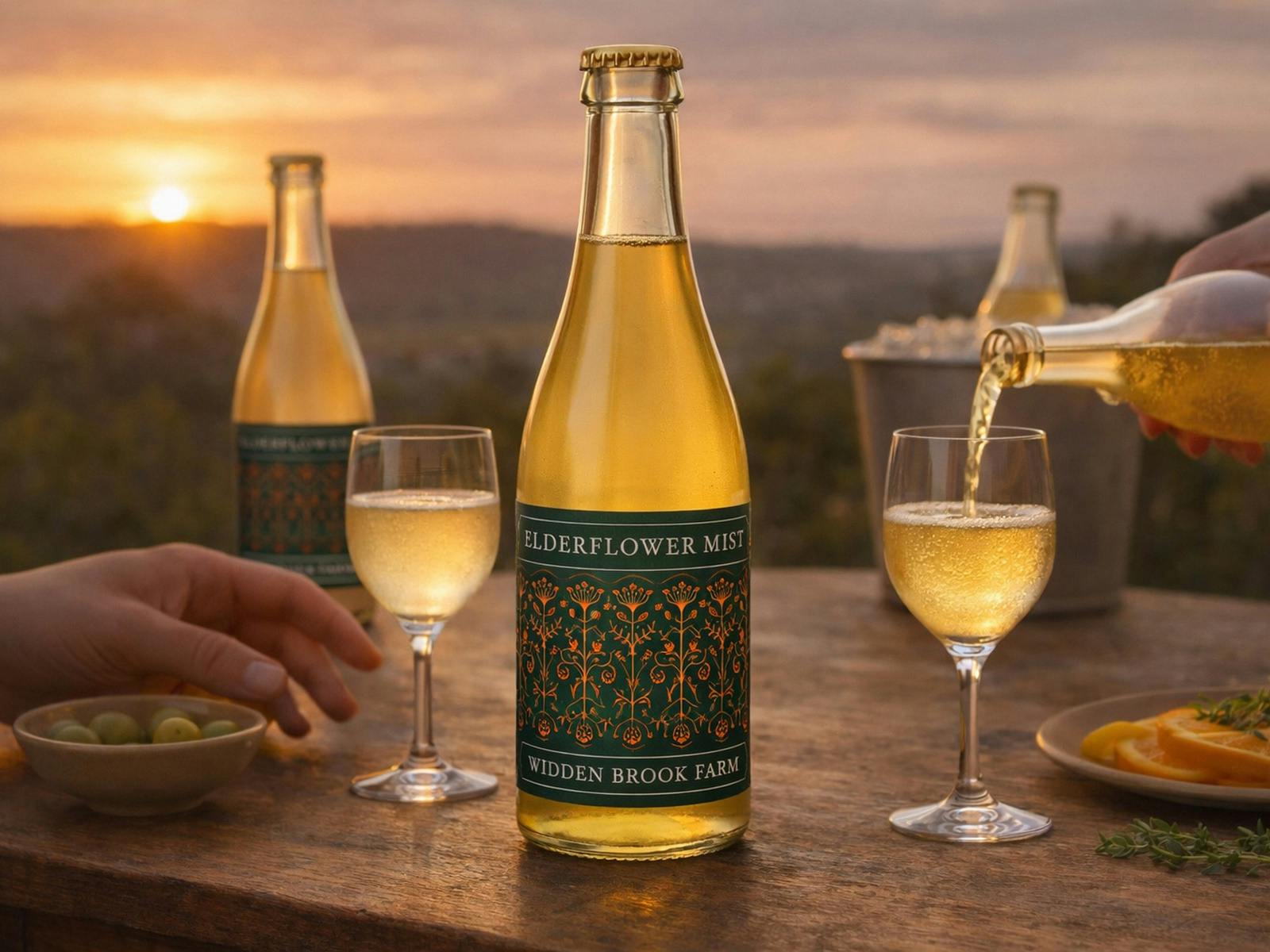 Bottle of Elderflower Mist Sparkling Classic on a rustic timber table at sunset, with two glasses