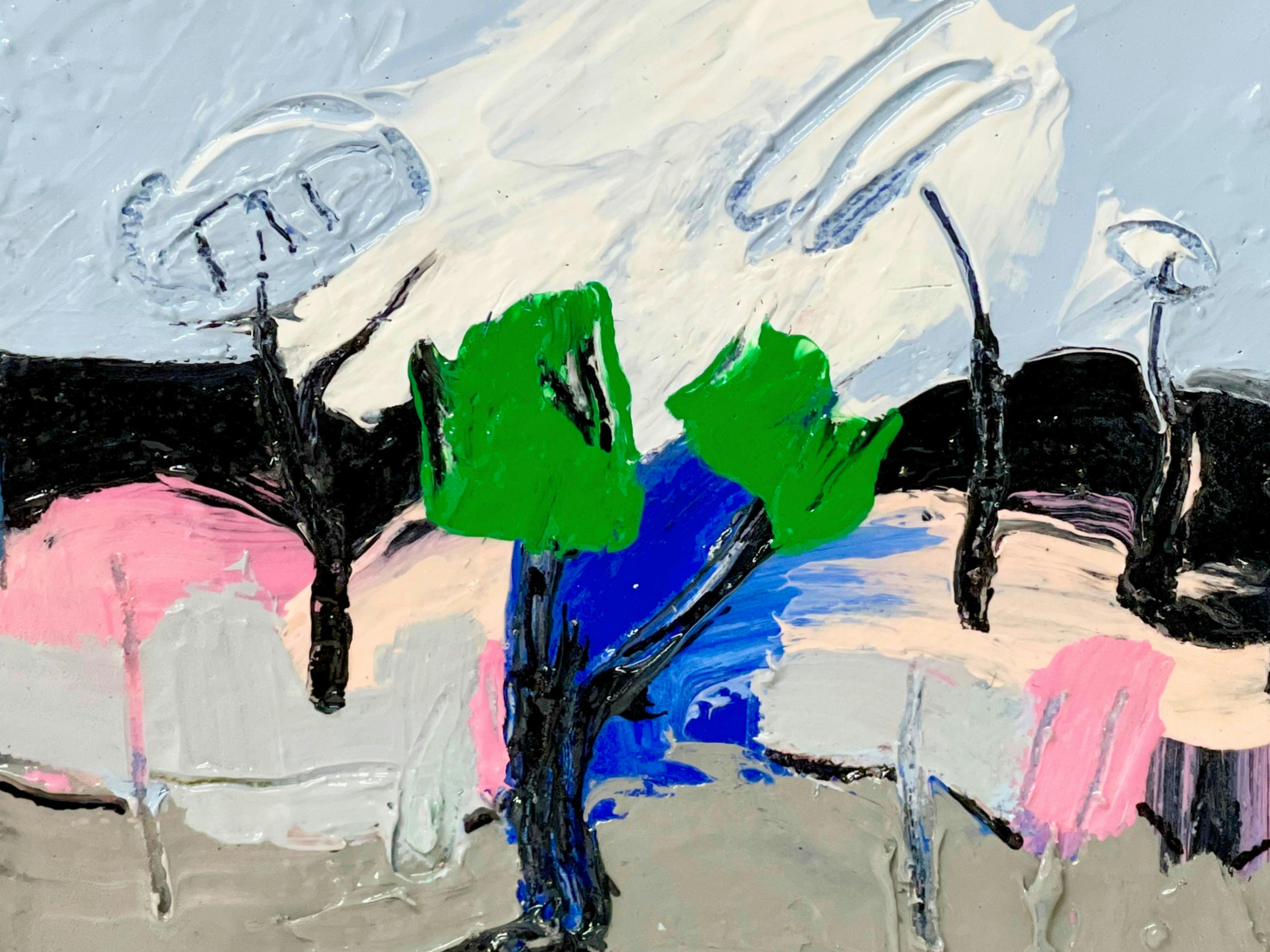 4 trees and a cloud acrylic painting 15 x 15cm