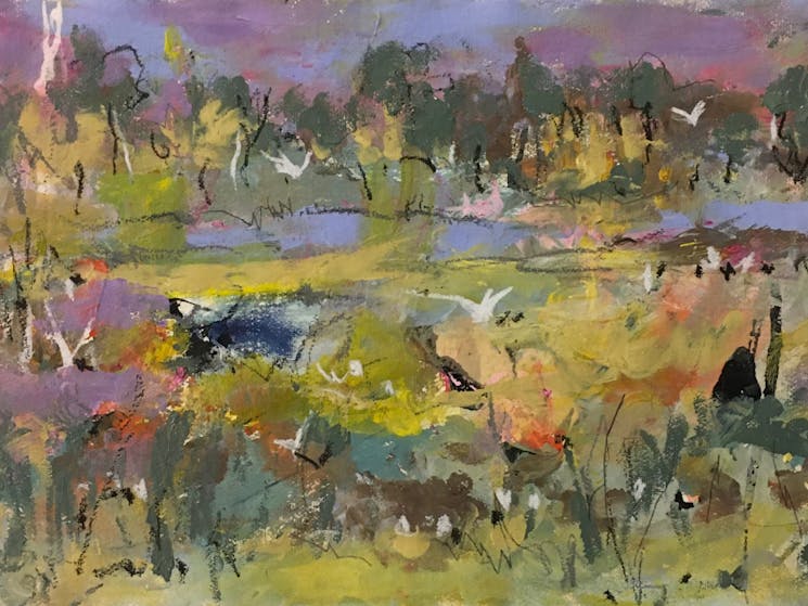 Rhonda's explores the outback in gestural works in a palette that reflects nature .