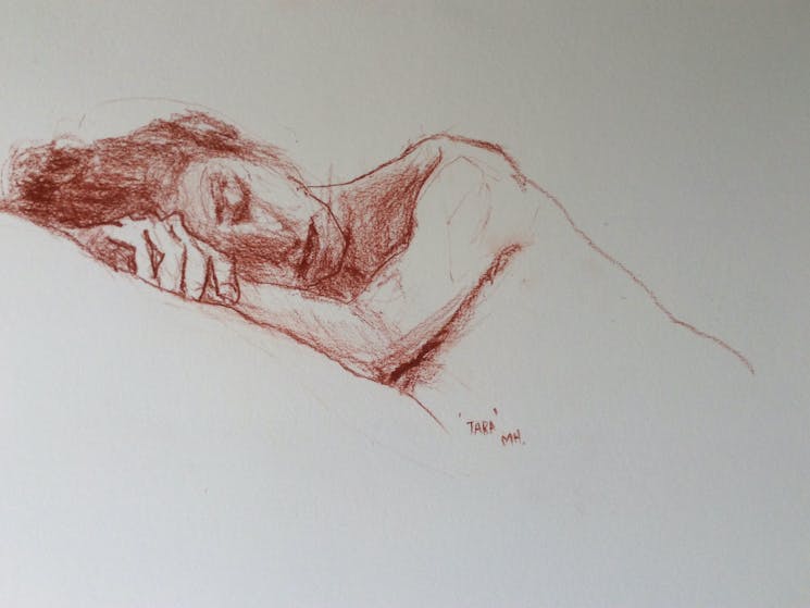 sanguine conte crayon drawing girl resting