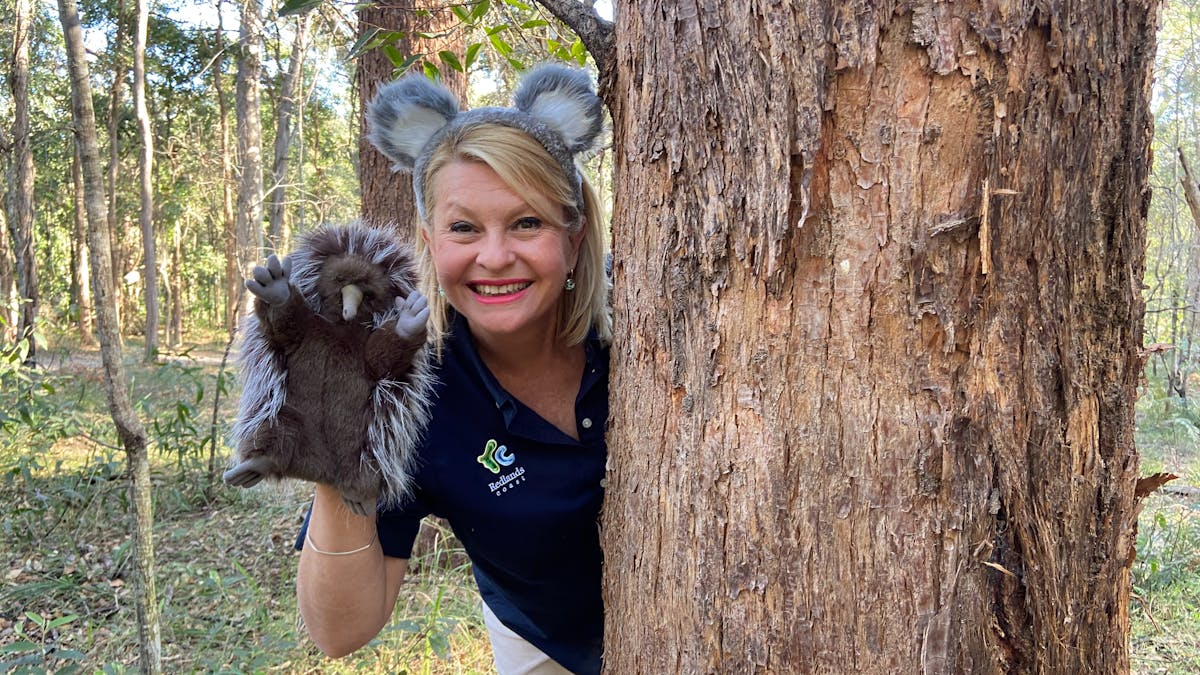 Ranger Stacey with a echidna puppet, peeking out from behind a tree.