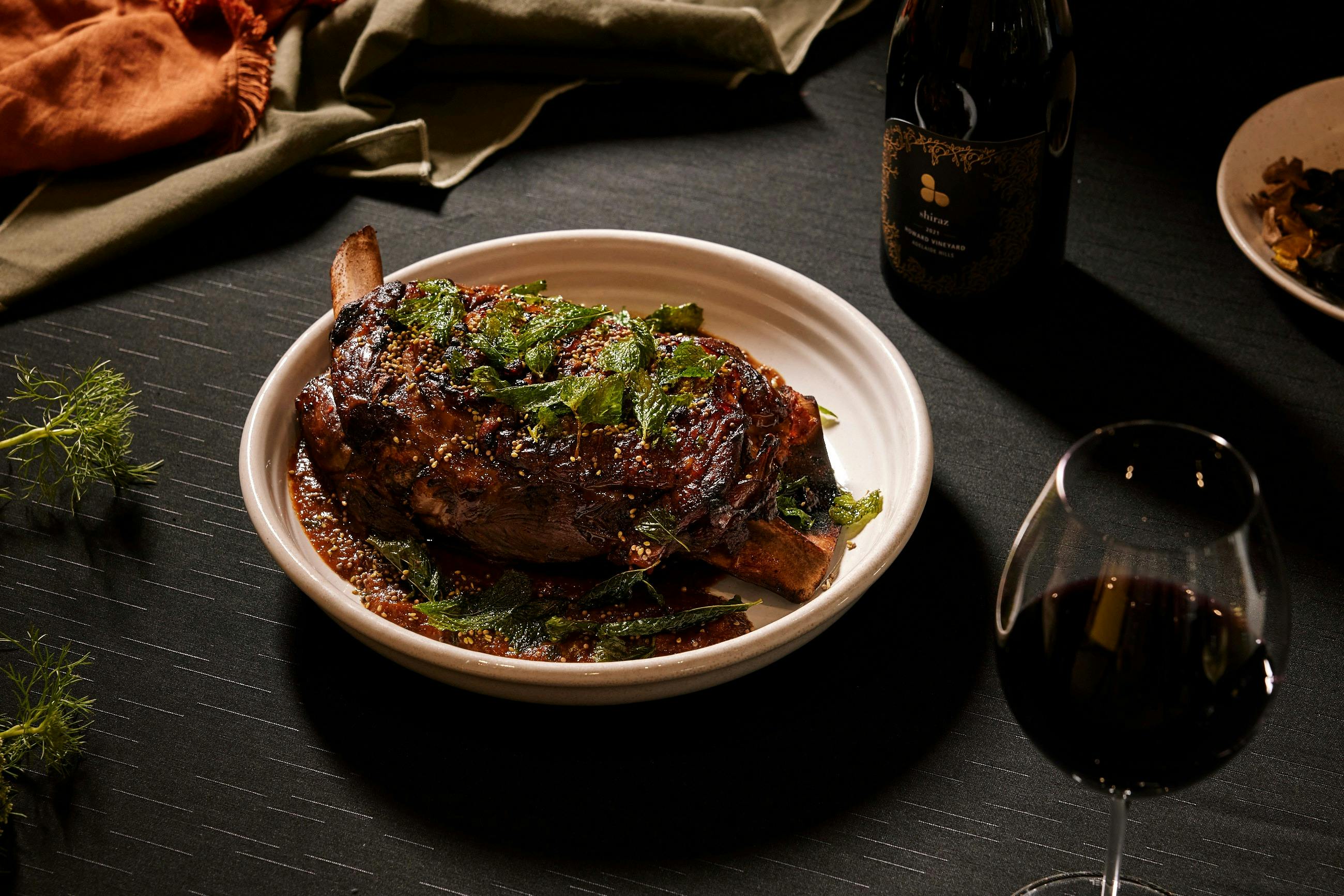 Lobethal Slow cooked Lamb Shoulder, gochujang jus, wasabi sesami