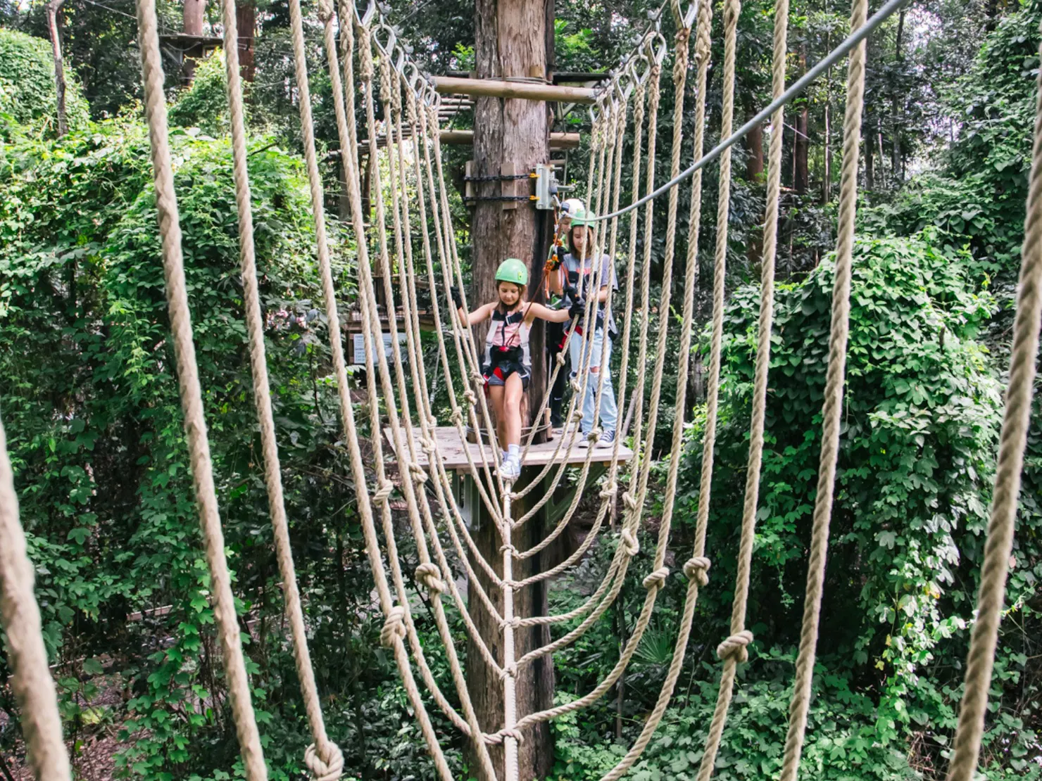 Young girl starting a Rope tightrope bridge